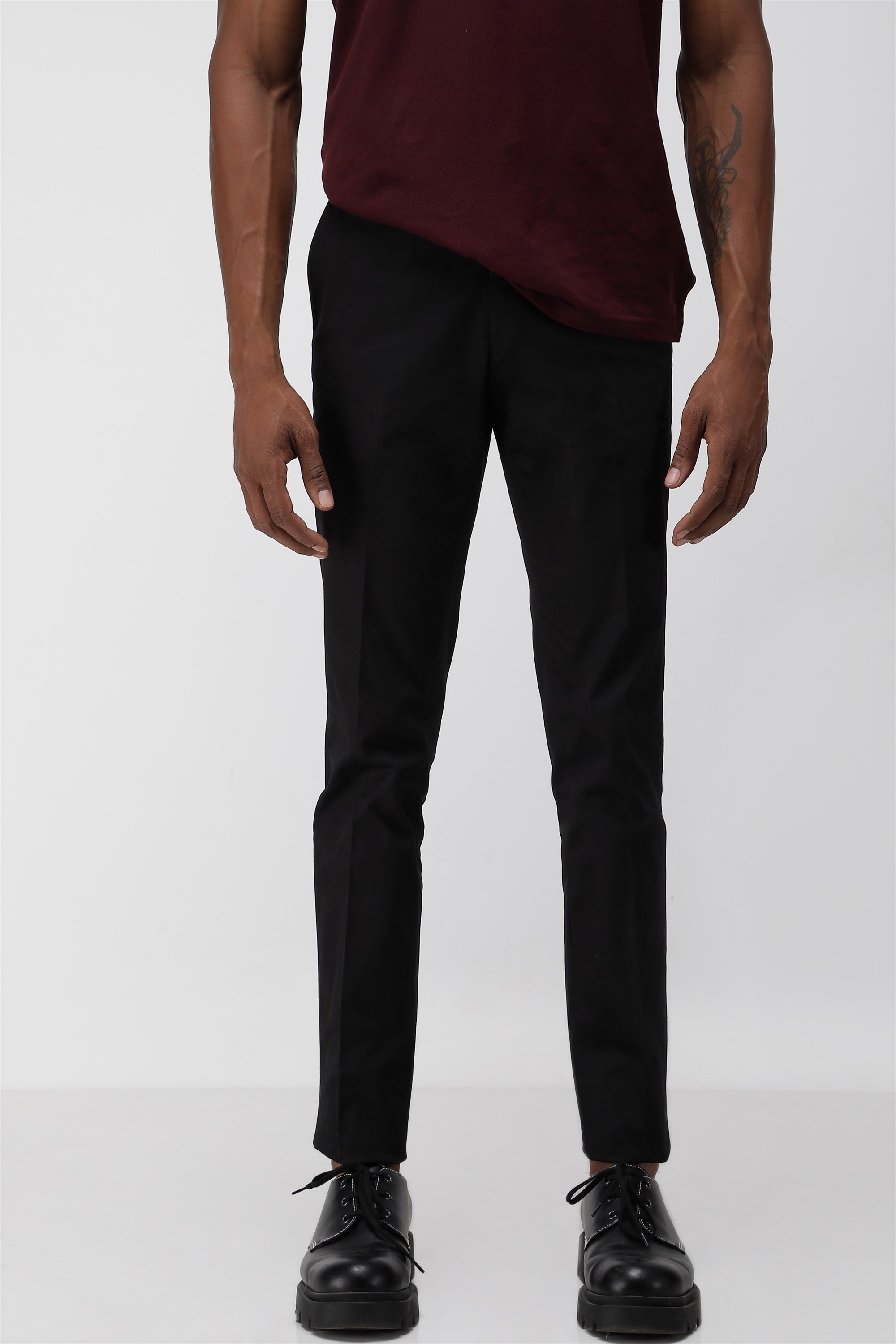 Bare Brown Stretch Slim Fit Cotton Trousers - Black