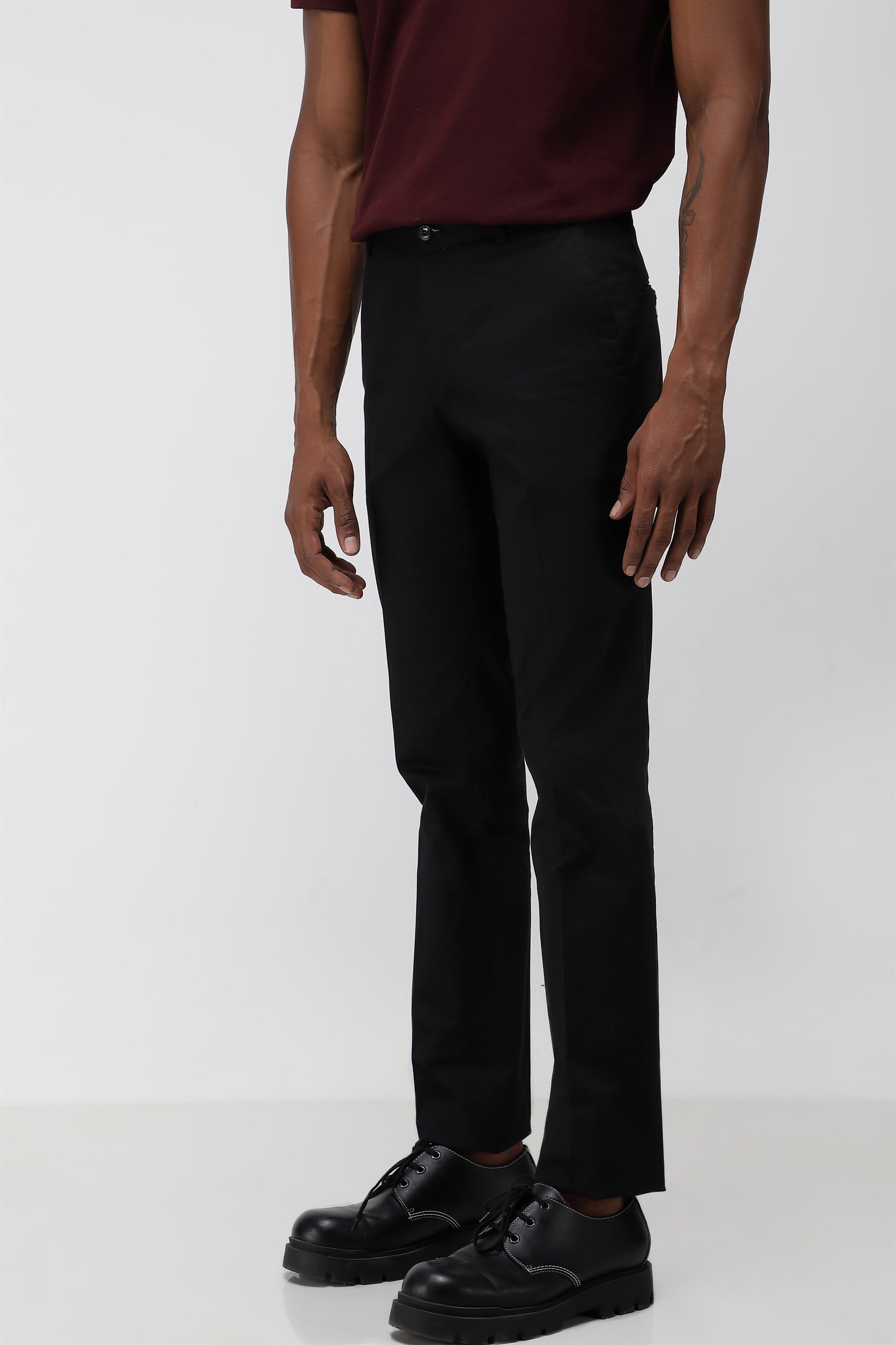 Bare Brown Stretch Slim Fit Cotton Trousers - Black