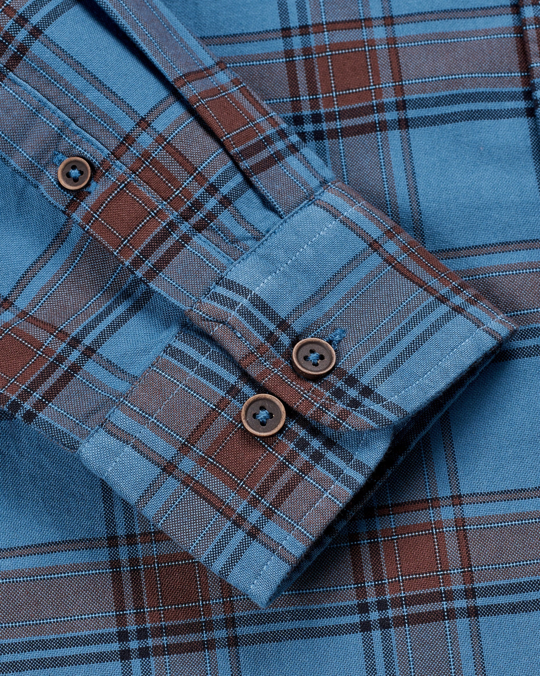 Bare Brown Checkered Cotton Spandex Shirt, Slim Fit with Full Sleeves - Blue