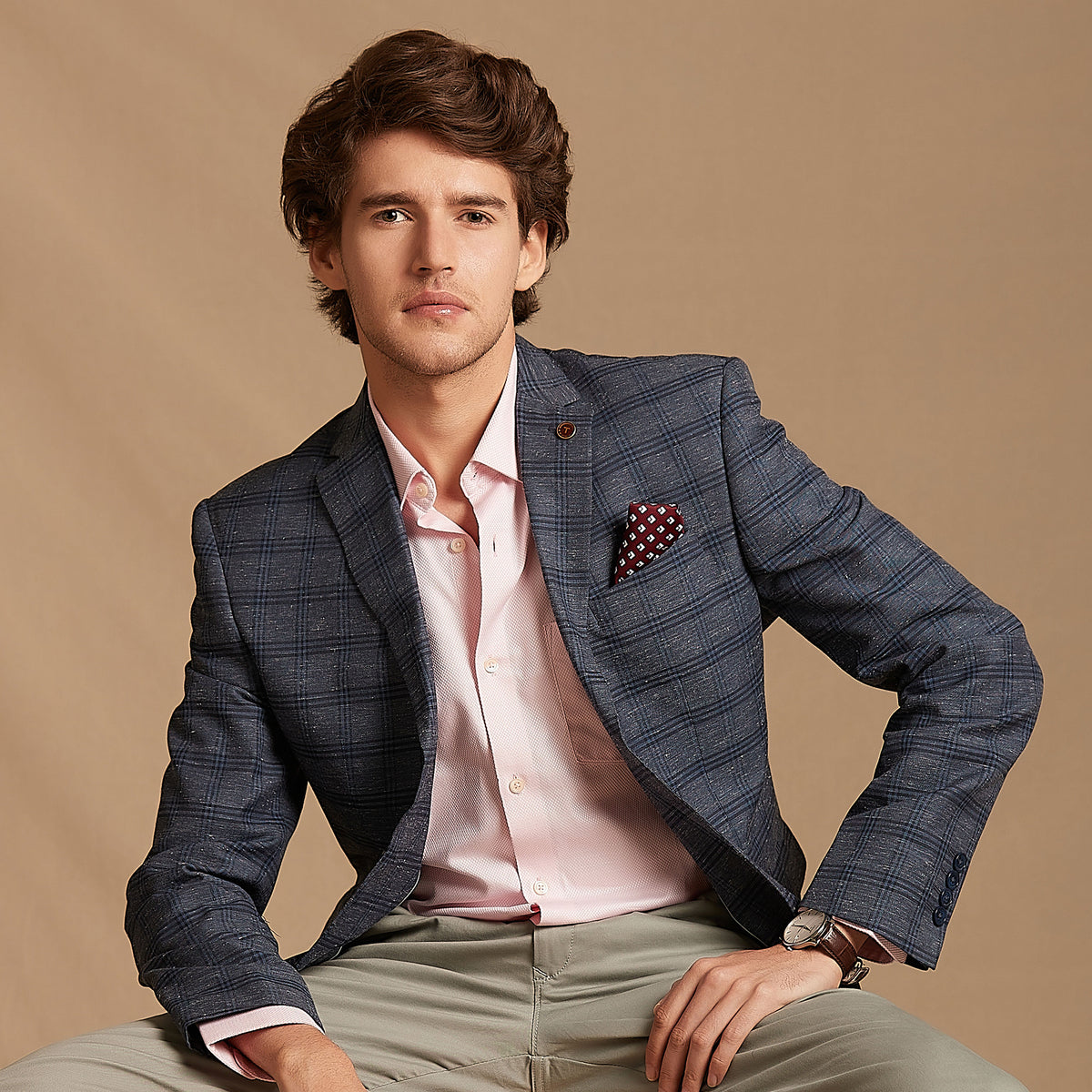 Blue Check Linen Blend tailored Blazer Tea & Tailoring