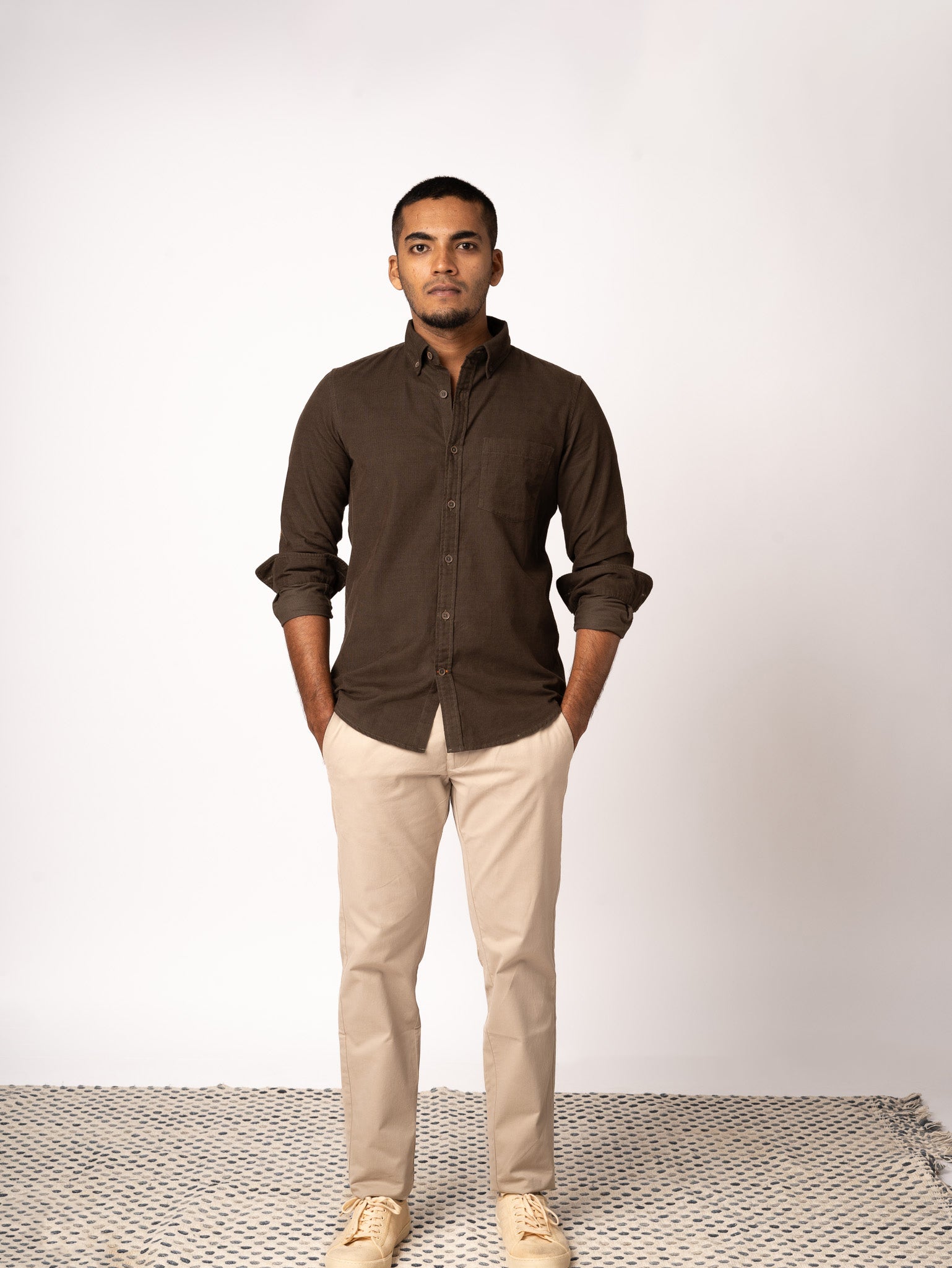 Bare Brown Corduroy Cotton Shirt, Slim Fit with Full Sleeves and Elbow Patch - Olive Green