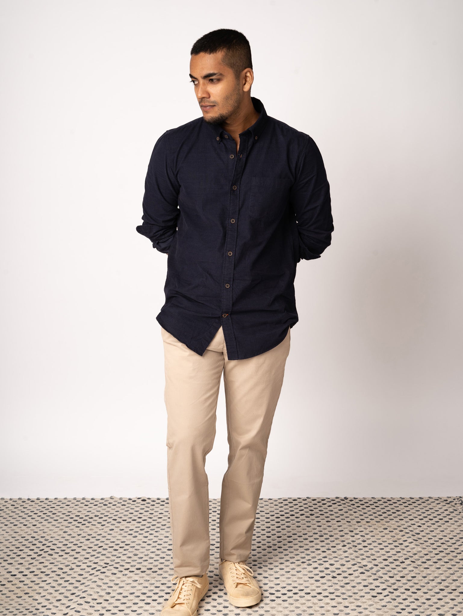 Bare Brown Corduroy Cotton Shirt, Slim Fit with Full Sleeves - Navy