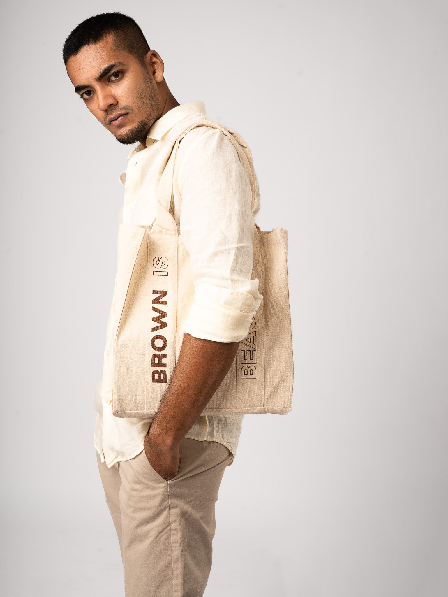 Bare Brown Pure Linen Shirt, Slim Fit with Full Sleeves - Yellow