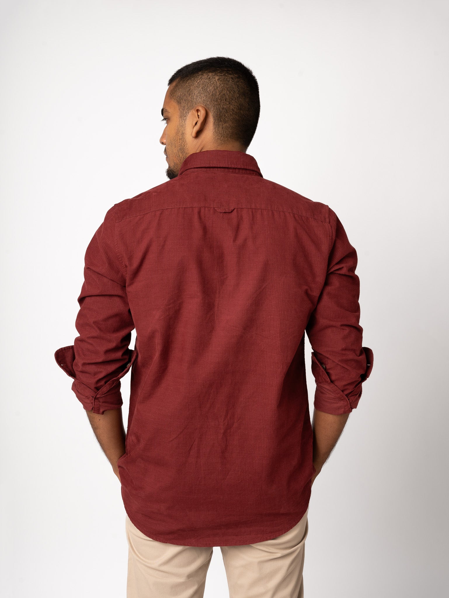Bare Brown Corduroy Cotton Shirt, Slim Fit with Full Sleeves - Maroon