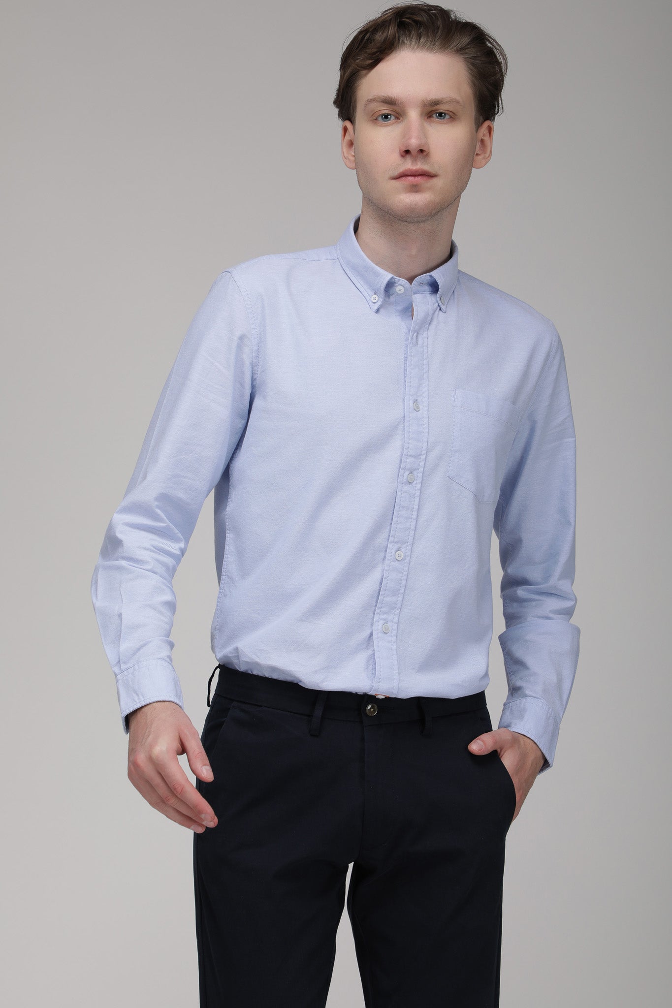 Bare Brown Solid Cotton Oxford Shirt, Slim Fit with Full Sleeves - Sky Blue
