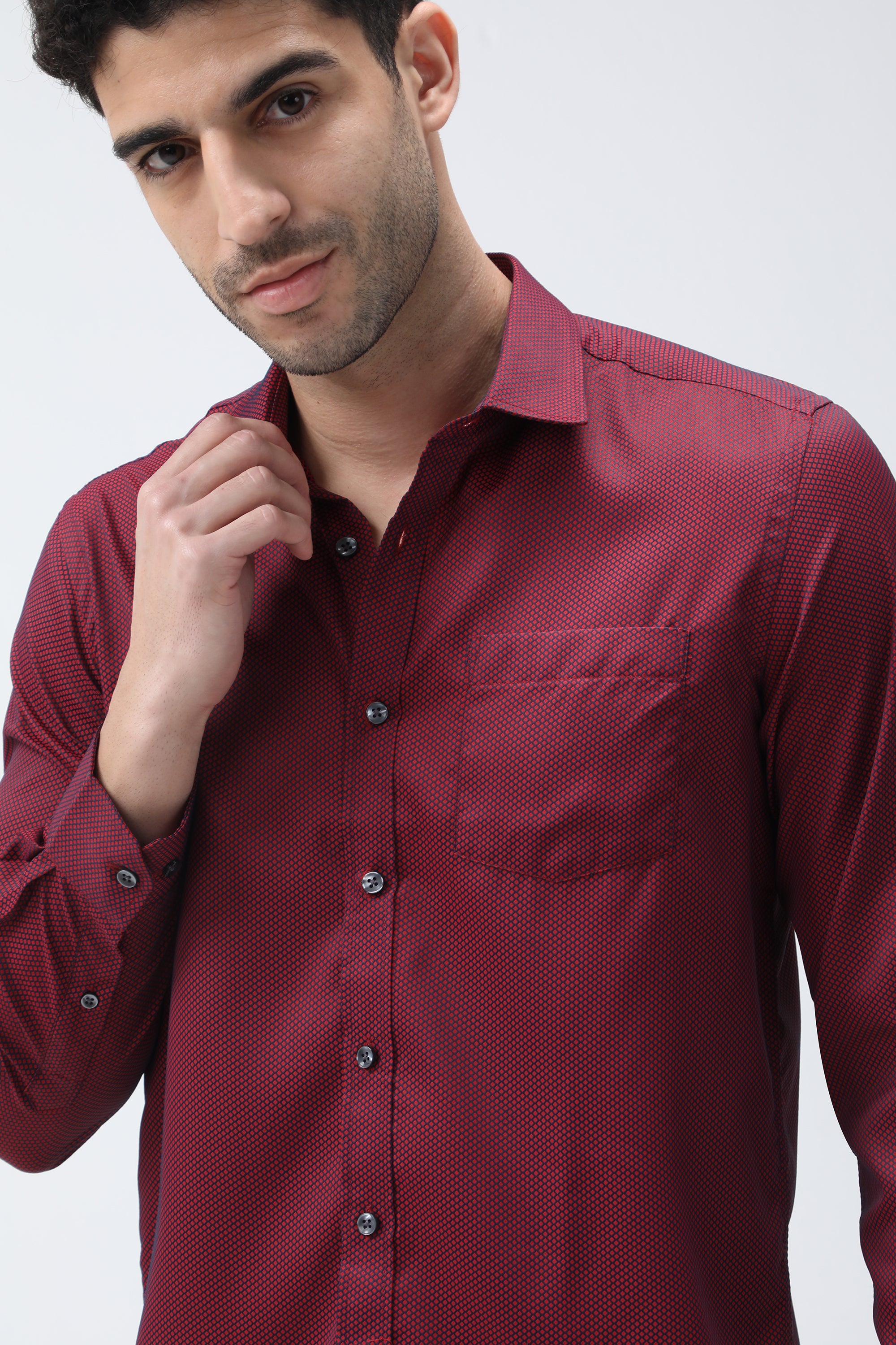 King Richard Dobby Slim Fit Full Sleeved Cotton Blend Shirt - Red