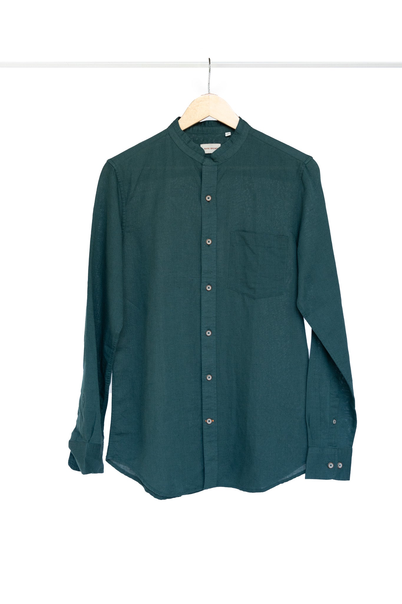 Bare Brown Mandarin Collar Cotton Linen Shirt, Slim Fit with Full Sleeves - Dark Green