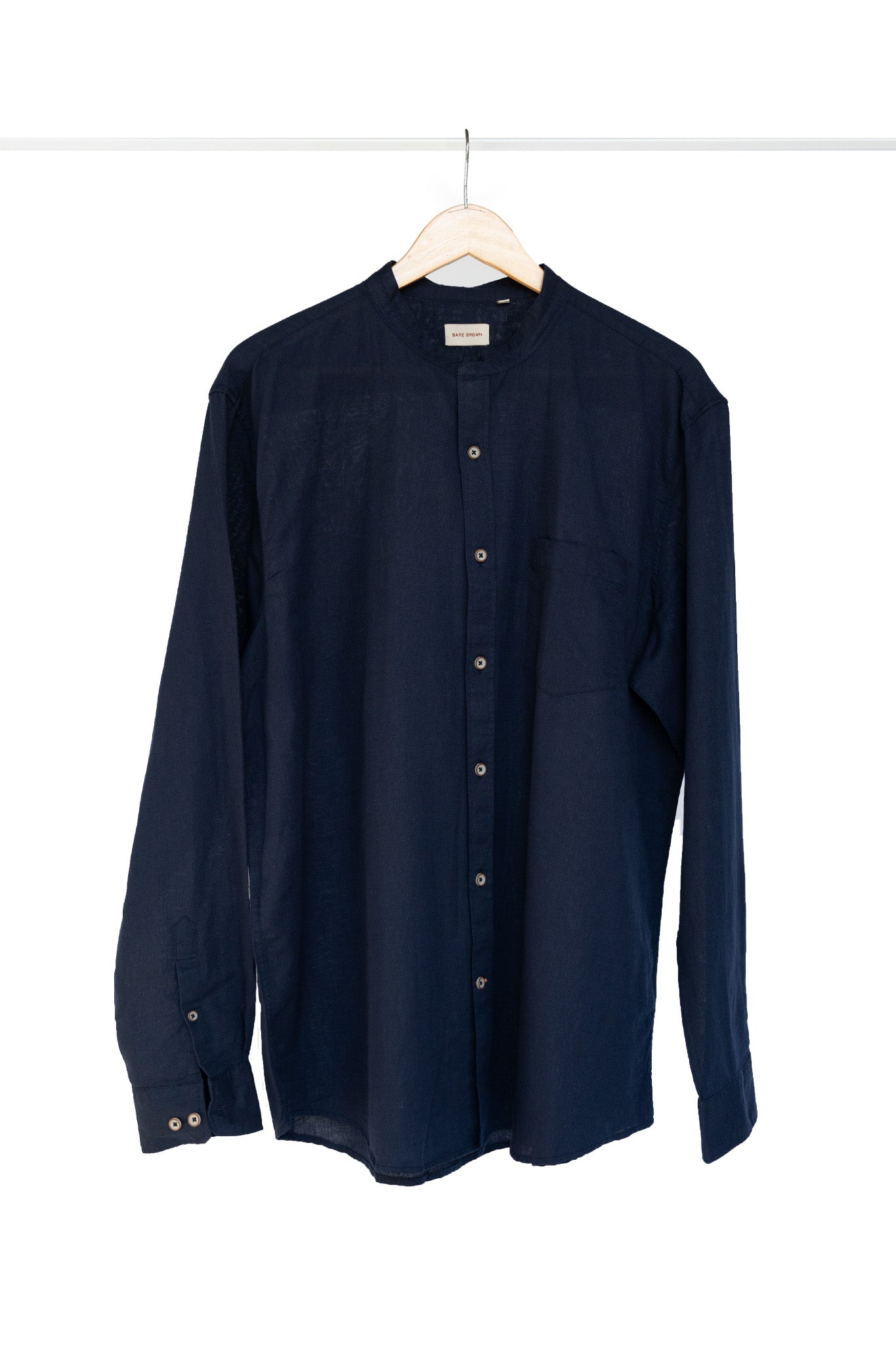 Bare Brown Mandarin Collar Cotton Linen Shirt, Slim Fit with Full Sleeves - Navy Blue