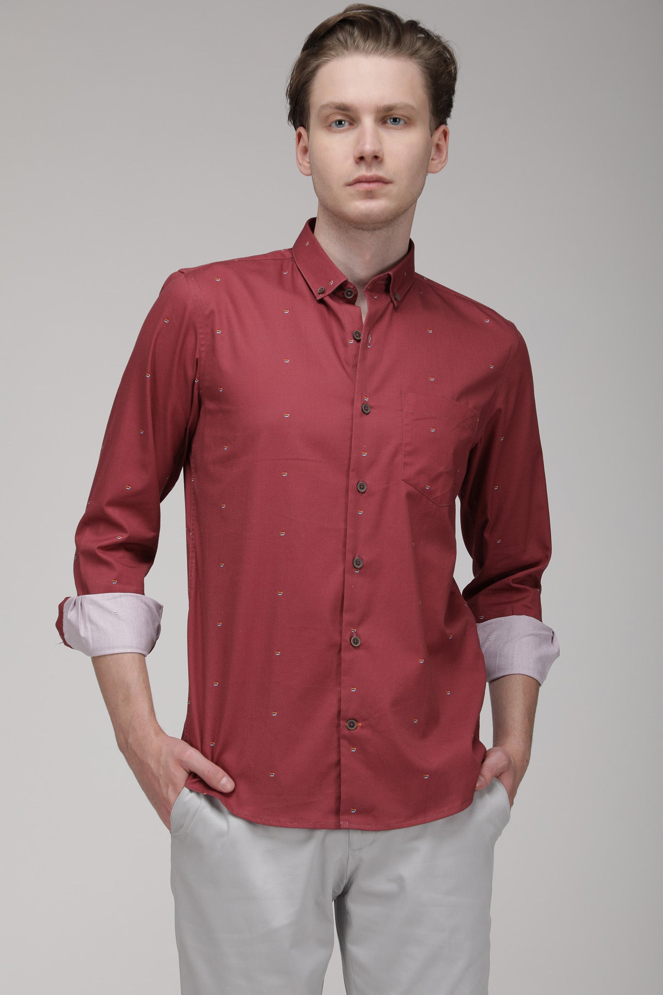 Bare Brown Printed Cotton Slim Fit Shirt with Full Sleeves - Pink