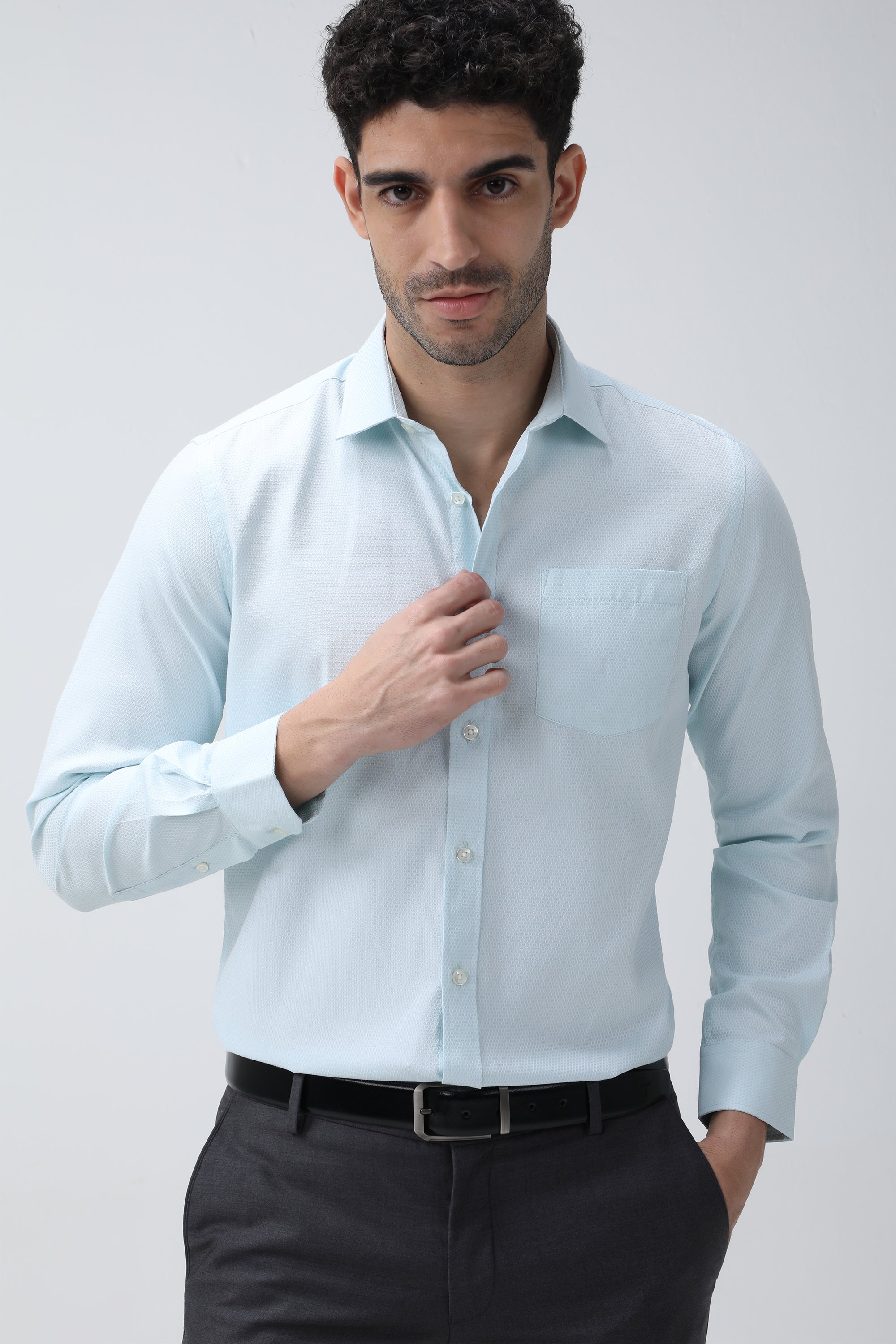 King Richard Dobby Slim Fit Full Sleeved Cotton Blend Shirt - Blue