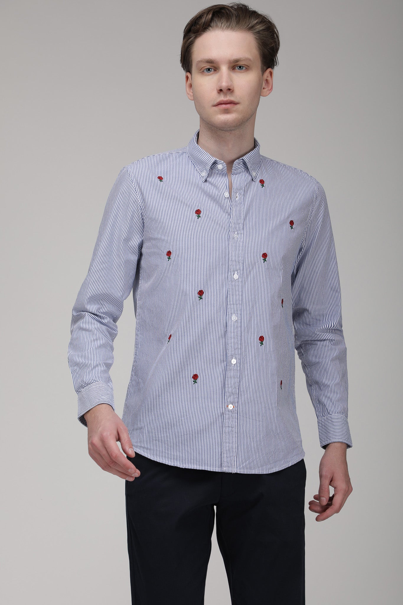 Bare Brown Striped Cotton Shirt with flower embroidery - Light Blue