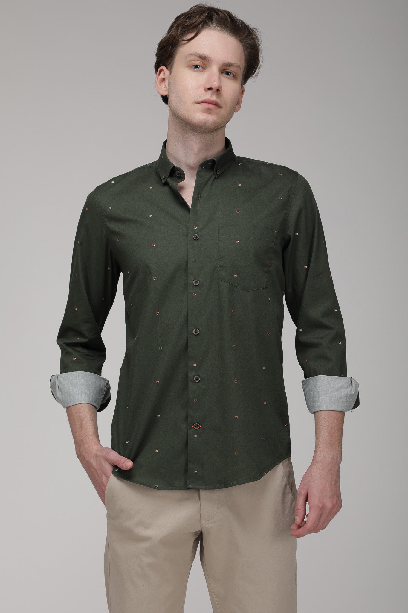 Bare Brown Printed Cotton Slim Fit Shirt with Full Sleeves - Olive Green