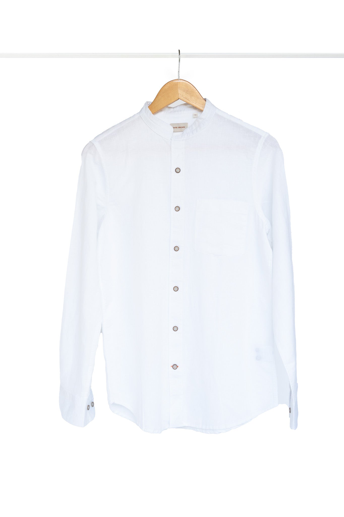 Bare Brown Mandarin Collar Cotton Linen Shirt, Slim Fit with Full Sleeves - White