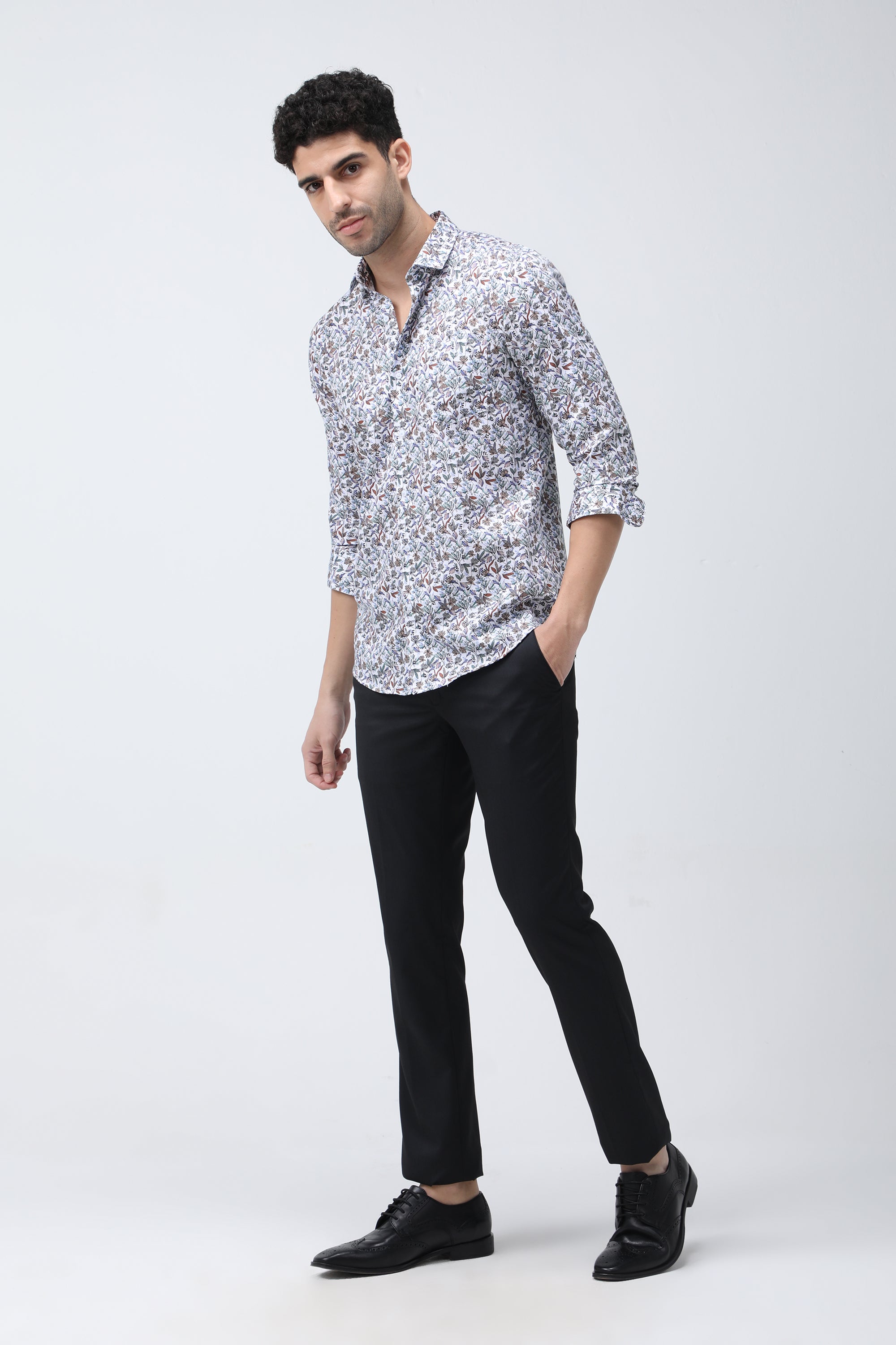 Floral Printed Twill Slim Fit Full Sleeved Shirt - White