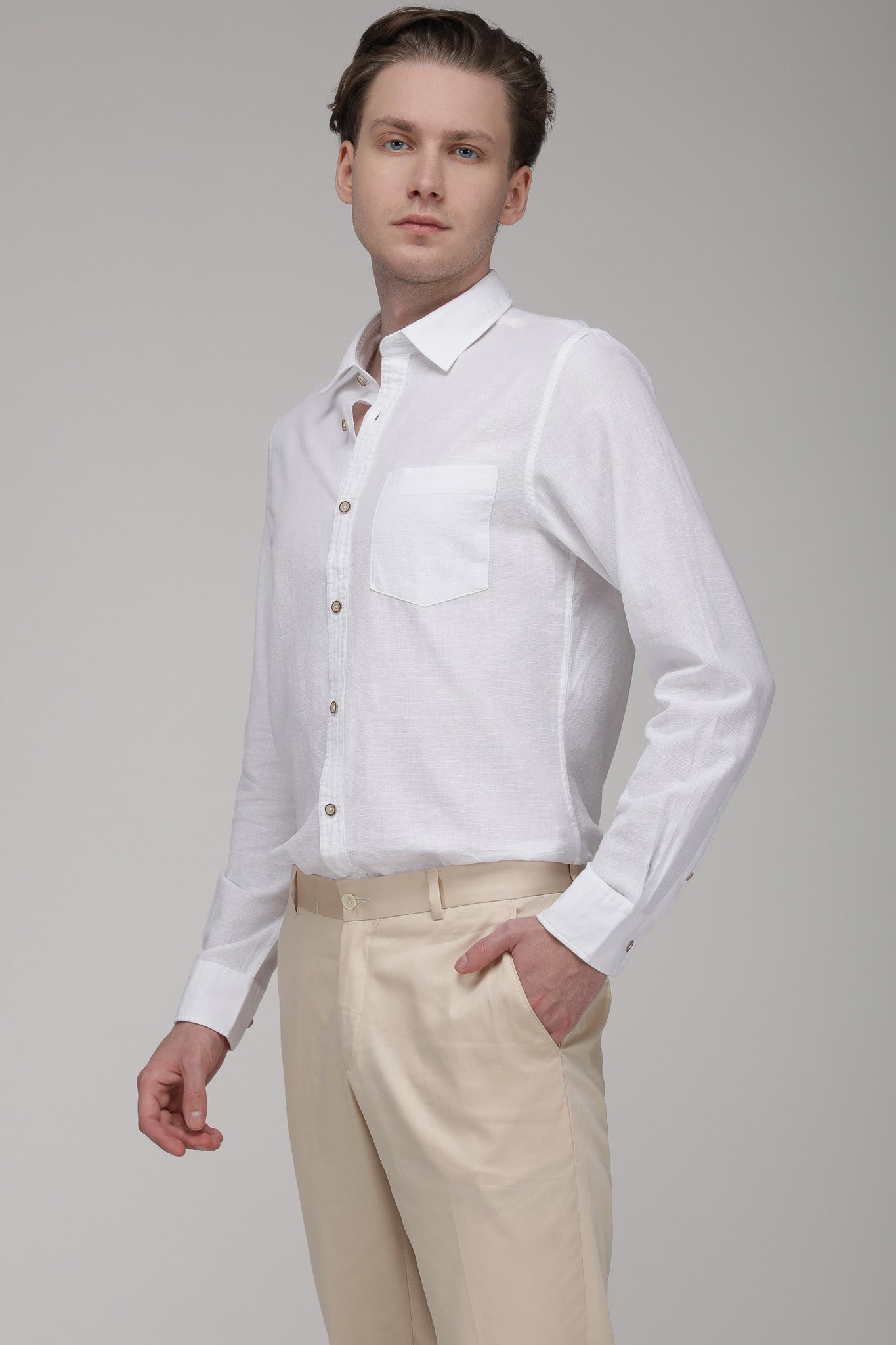 Bare Brown Regular Collar Cotton Linen Shirt, Slim Fit with Full Sleeves - White