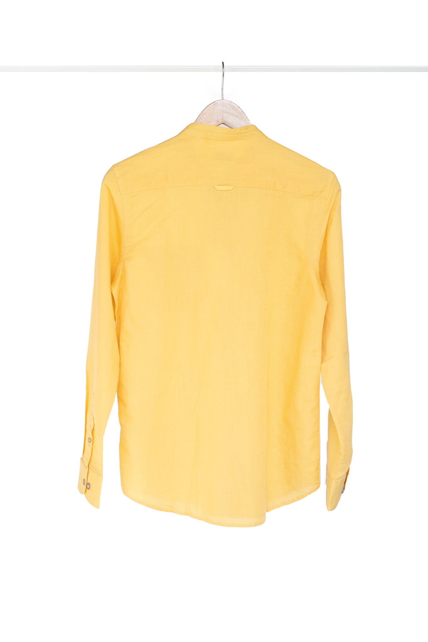 Bare Brown Mandarin Collar Cotton Linen Shirt, Slim Fit with Full Sleeves - Yellow