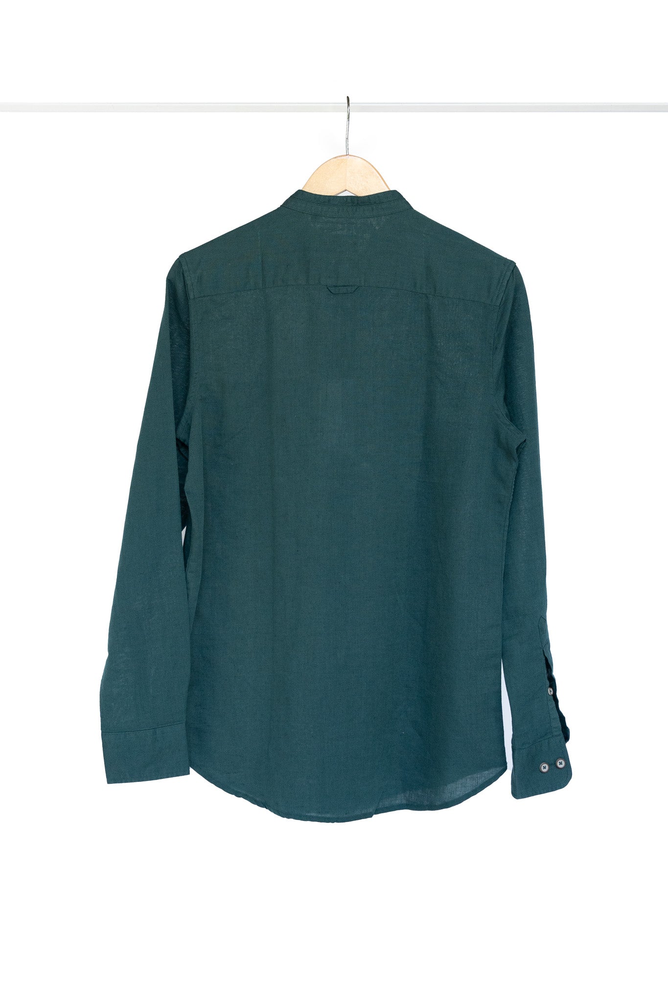 Bare Brown Mandarin Collar Cotton Linen Shirt, Slim Fit with Full Sleeves - Dark Green