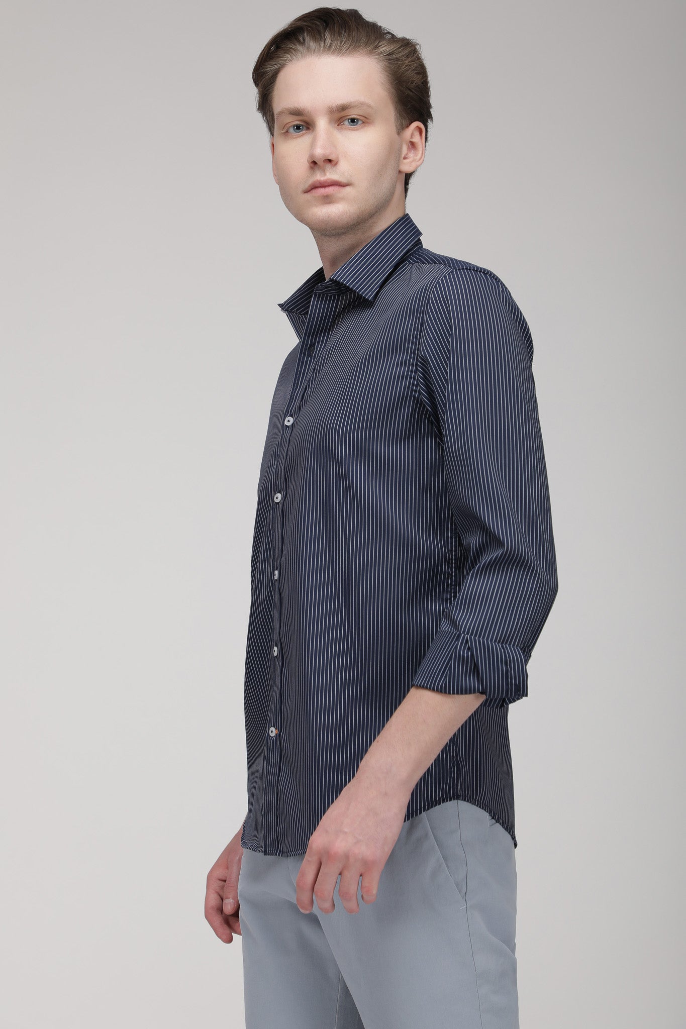 Bare Brown Striped Slim Fit Cotton Shirt with Full Sleeves - Dark Navy