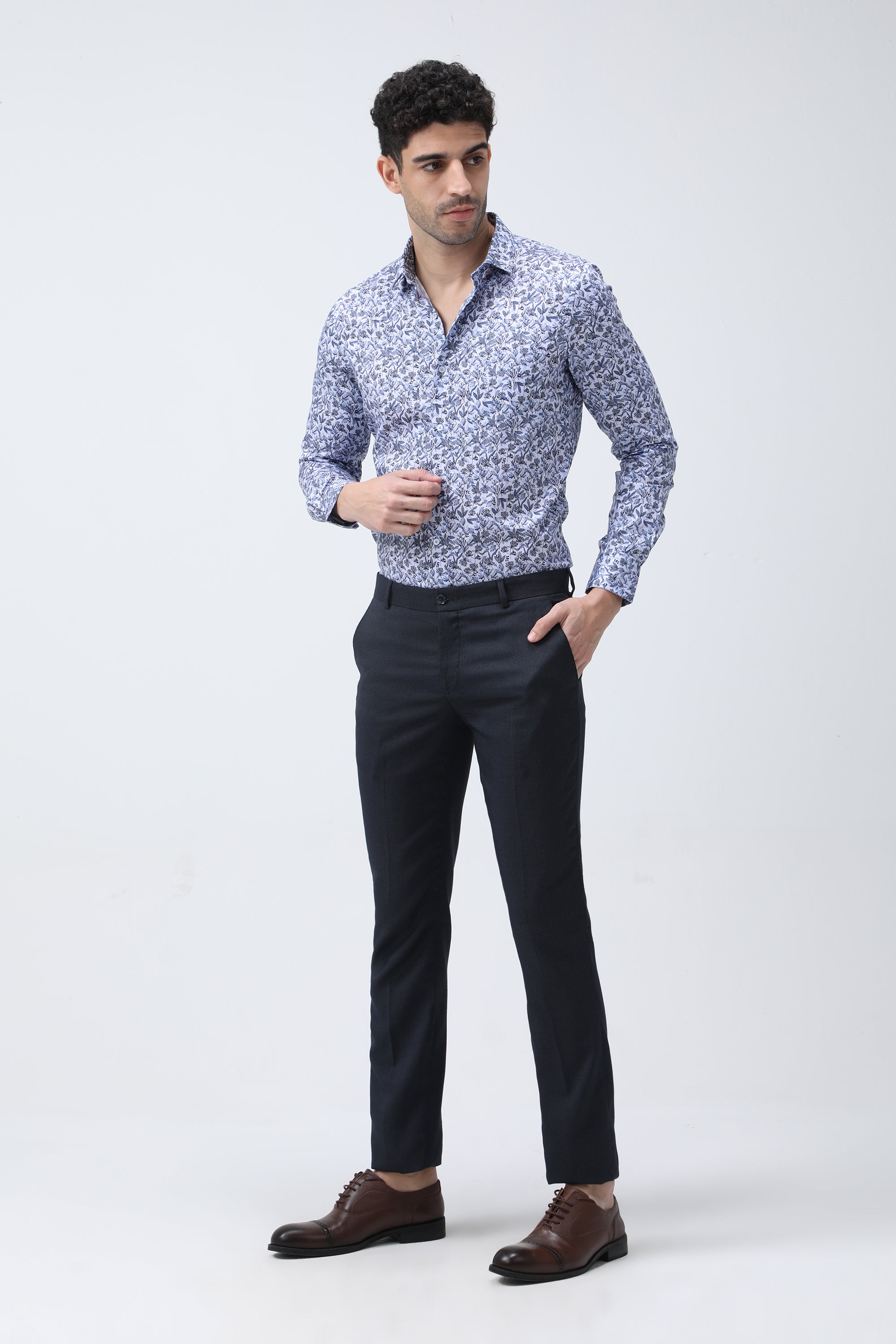 Floral Printed Twill Slim Fit Full Sleeved Shirt - Light blue