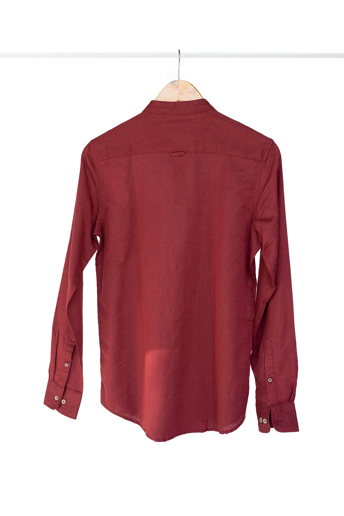 Bare Brown Mandarin Collar Cotton Linen Shirt, Slim Fit with Full Sleeves - Maroon