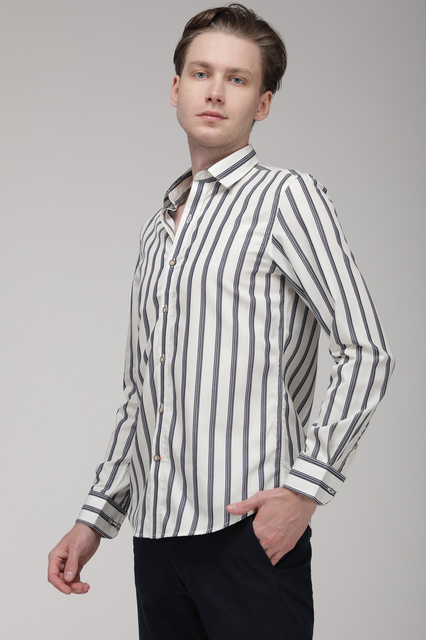 Bare Brown Striped Slim Fit Cotton Shirt with Full Sleeves