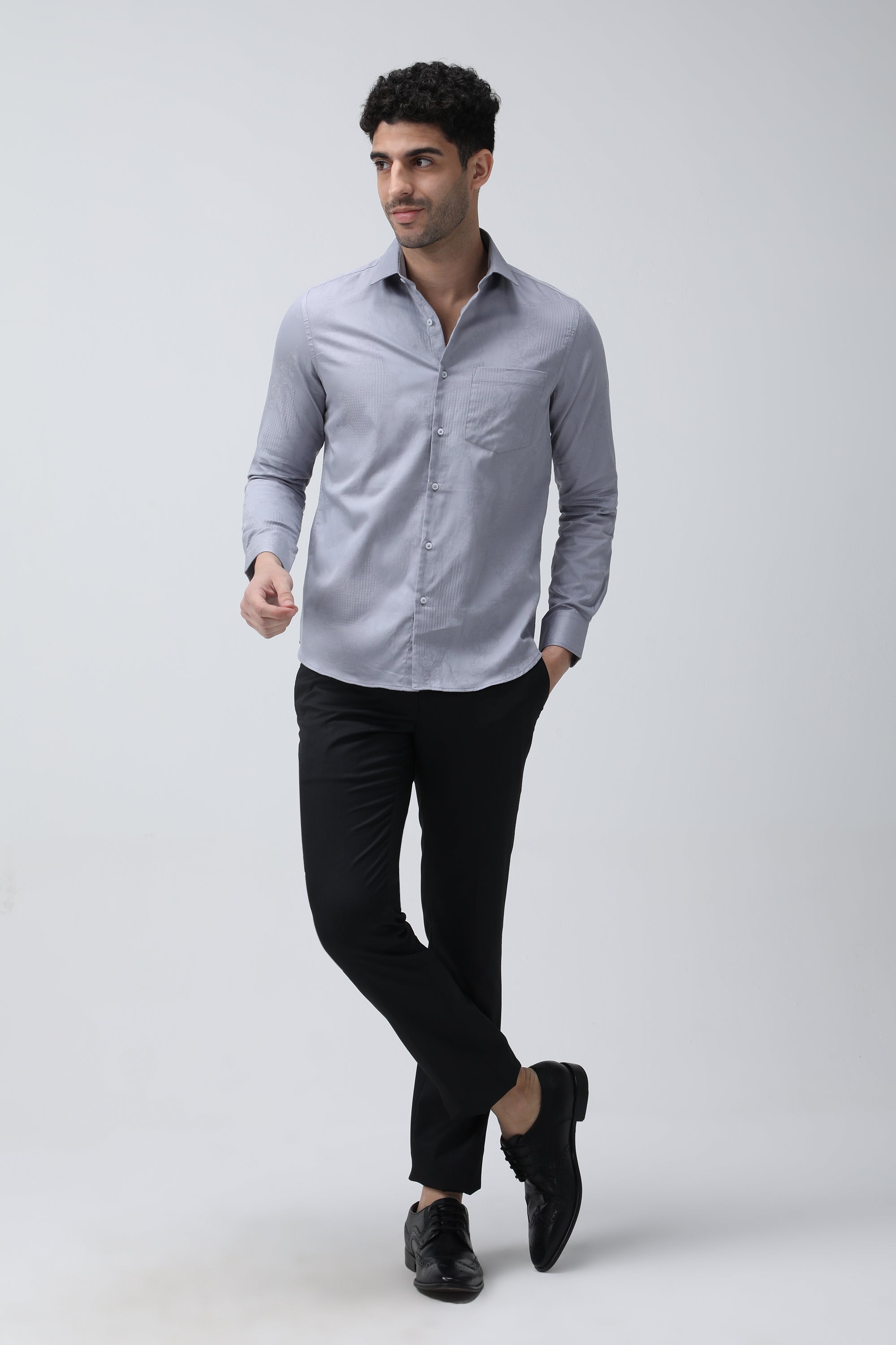 T the brand Jacquard Slim Fit Full Sleeved Cotton Shirt - Slate