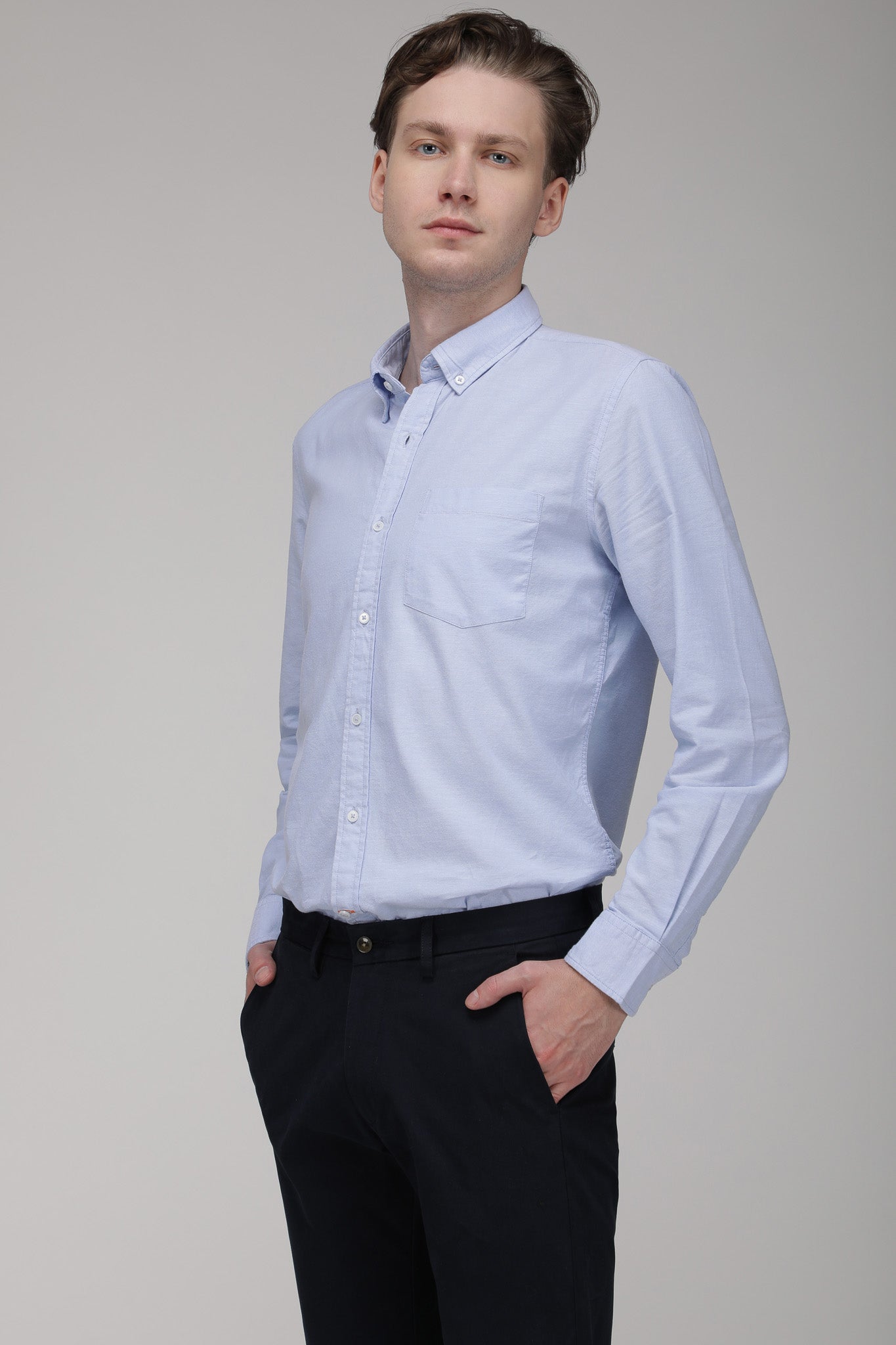 Bare Brown Solid Cotton Oxford Shirt, Slim Fit with Full Sleeves - Sky Blue