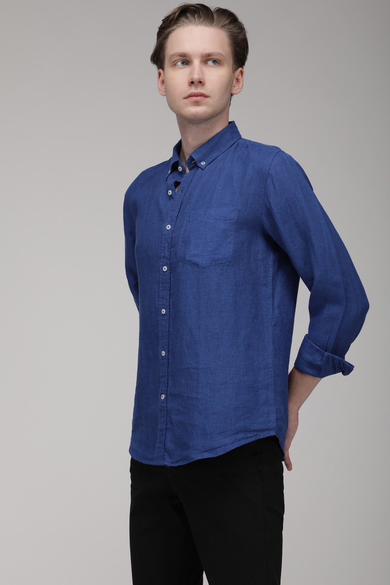 Bare Brown Linen Shirt, Slim Fit with Full Sleeves - Blue