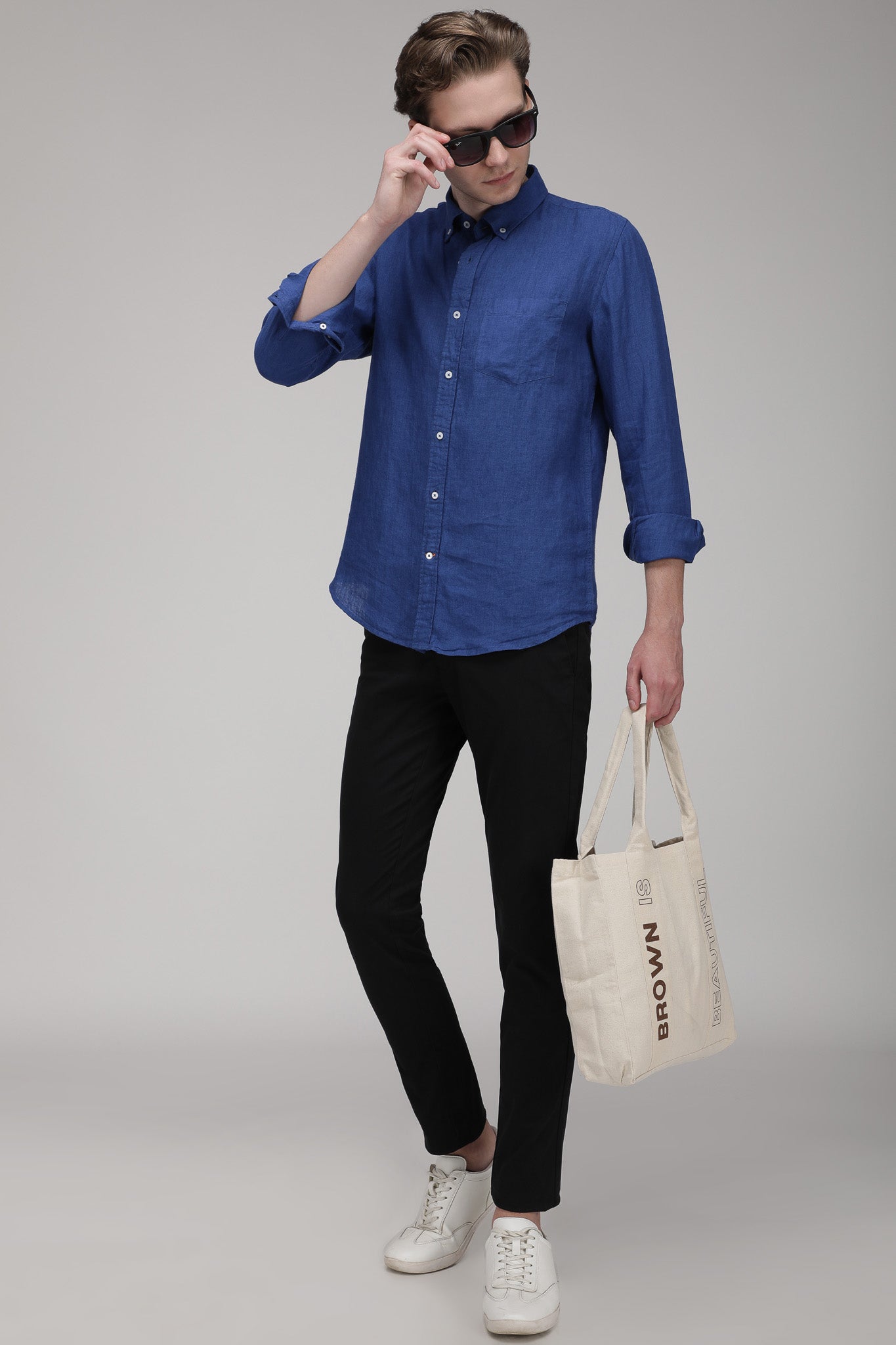 Bare Brown Linen Shirt, Slim Fit with Full Sleeves - Blue