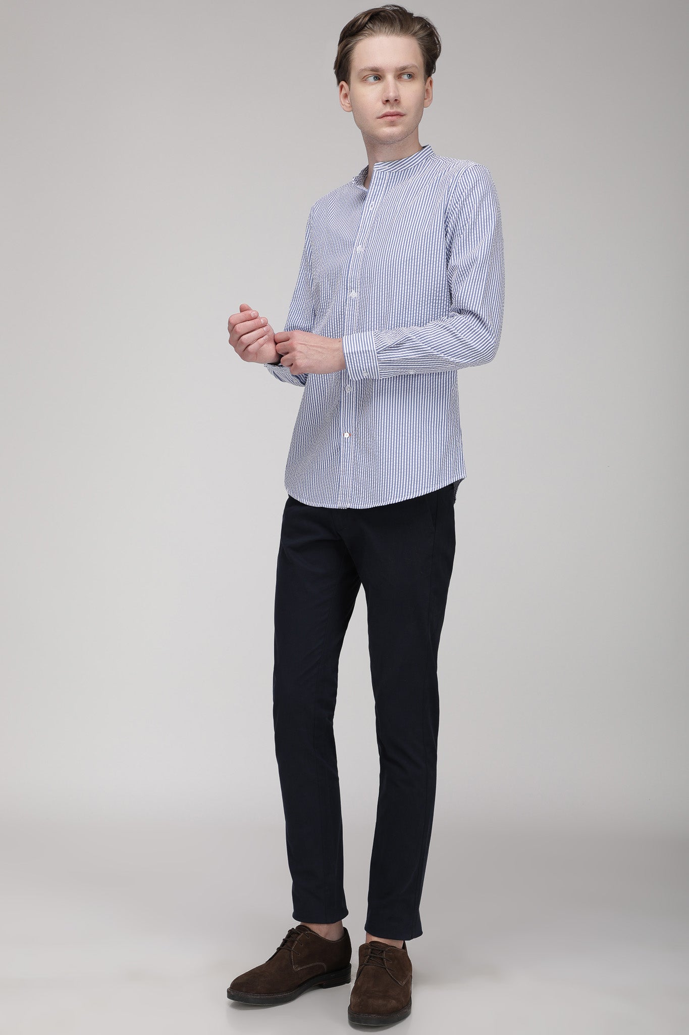 Bare Brown Seersucker Mandarin Collar Cotton Shirt, Slim Fit with Full Sleeves - Light Blue