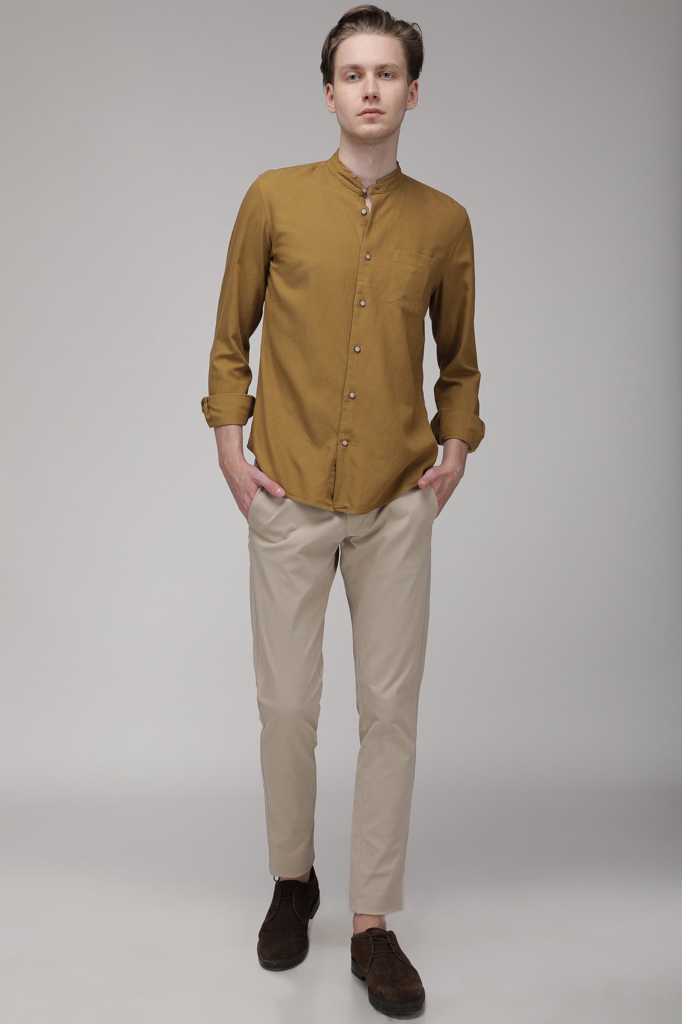 Bare Brown Mandarin Collar Cotton Linen Shirt, Slim Fit with Full Sleeves - Brown
