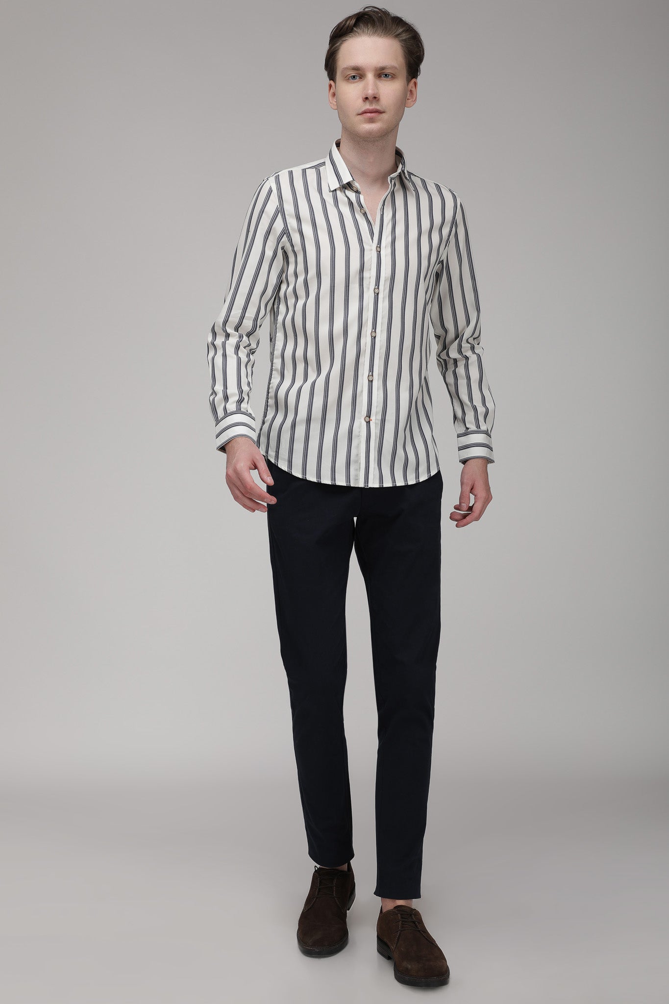 Bare Brown Striped Slim Fit Cotton Shirt with Full Sleeves