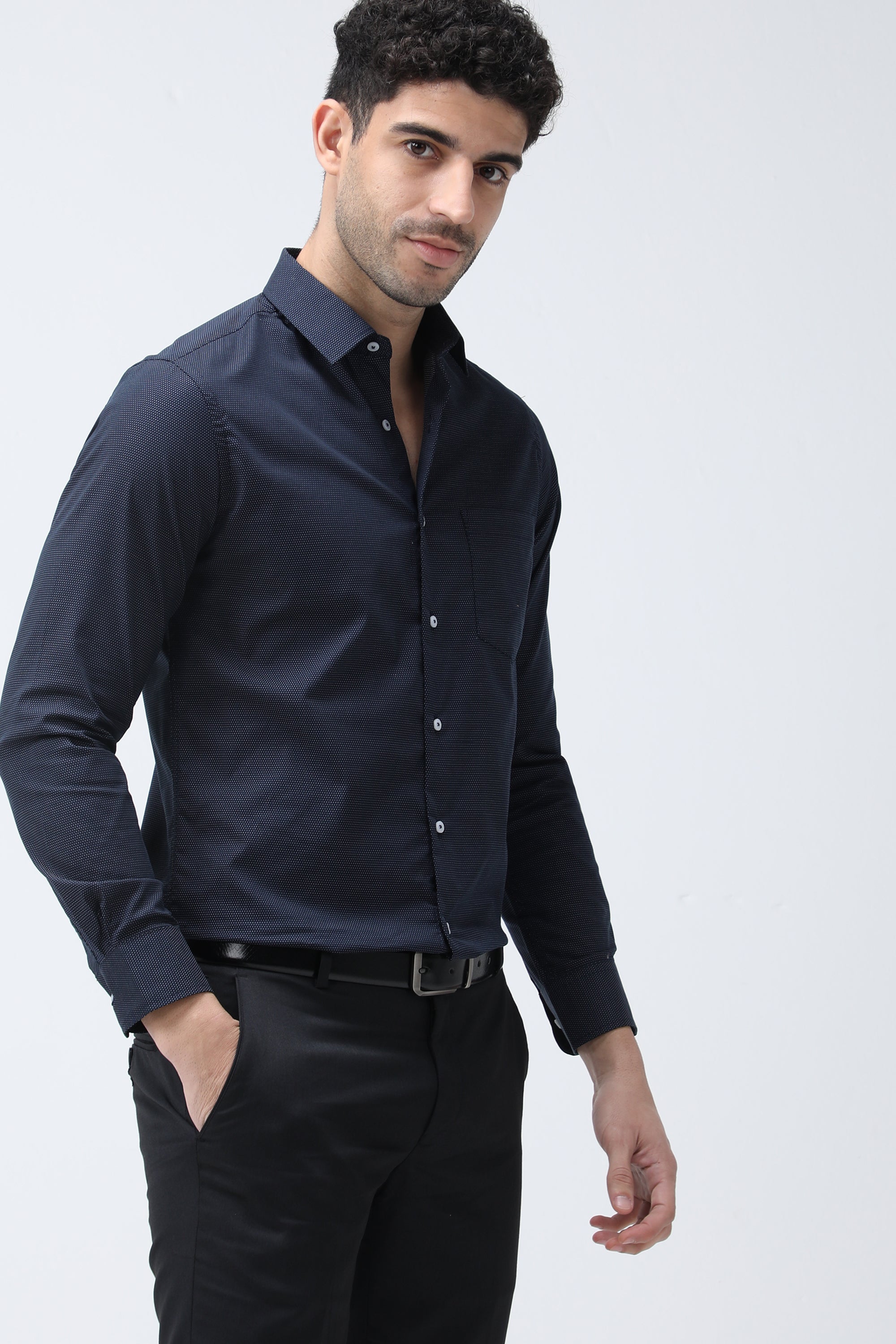 T the brand Dobby Slim Fit Full Sleeved Shirt - Navy