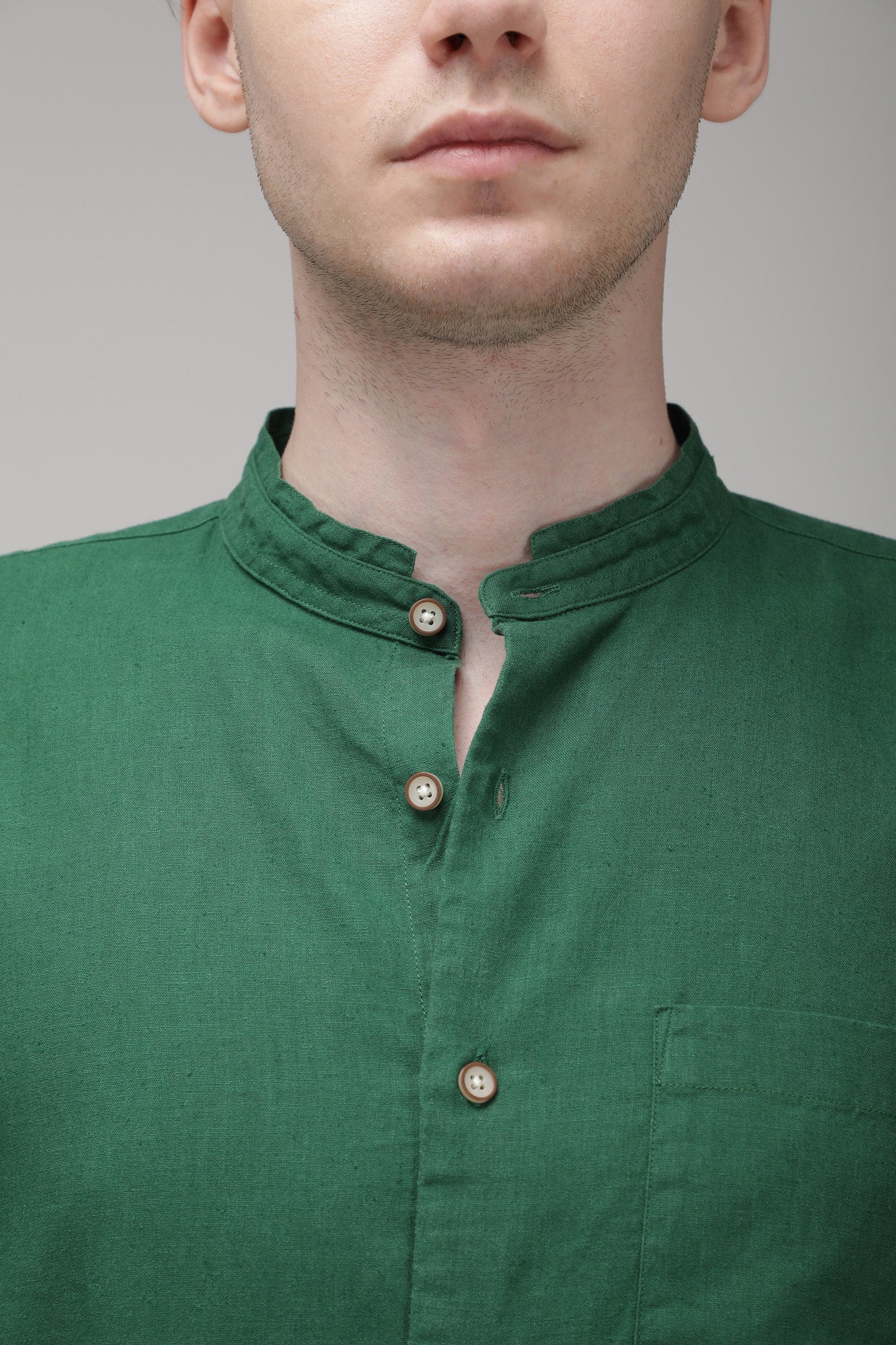 Bare Brown Mandarin Collar Cotton Linen Shirt, Slim Fit with Full Sleeves - Green