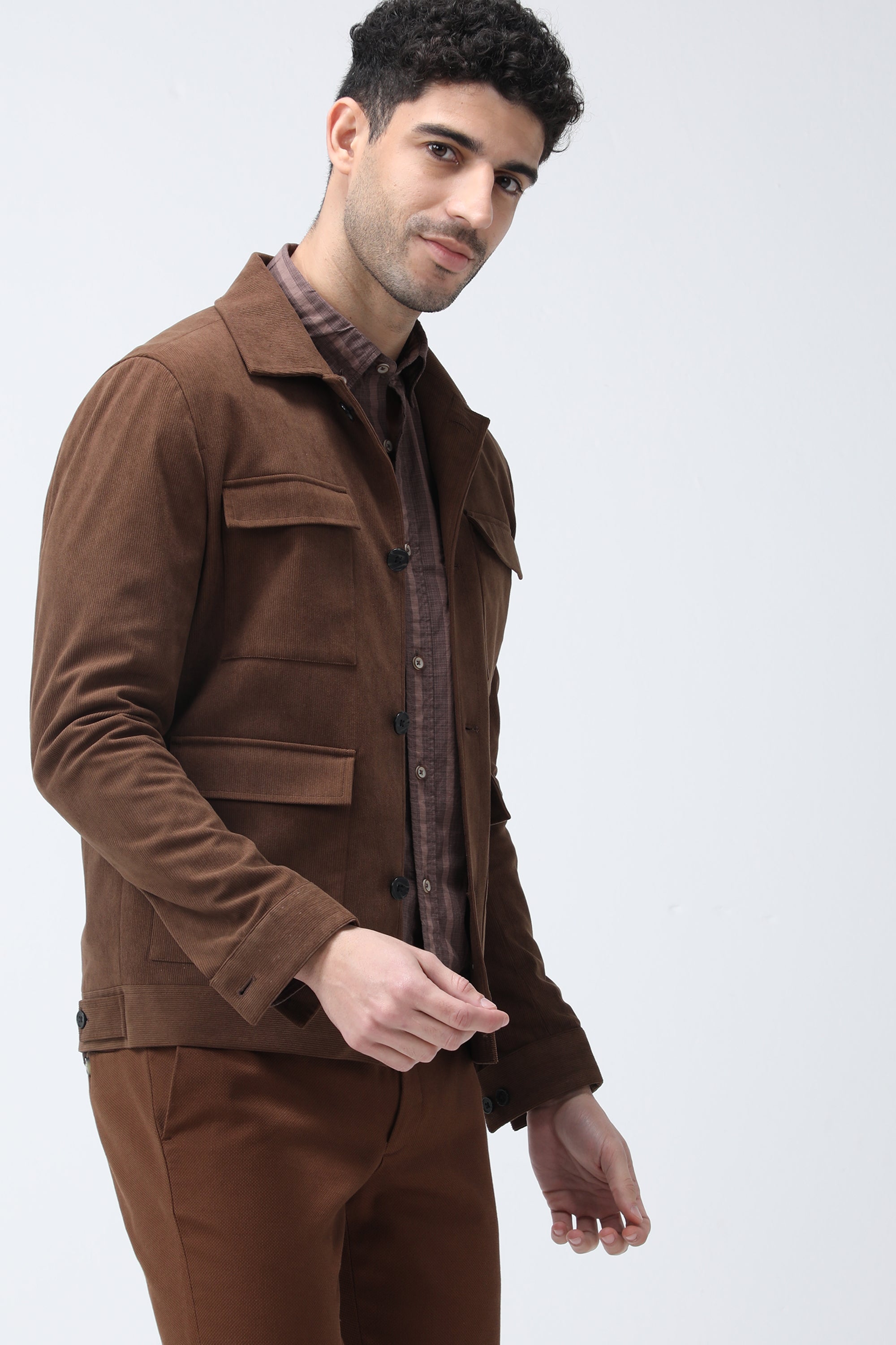 Bare Brown Corduroy Overshirt with Pockets - Brown