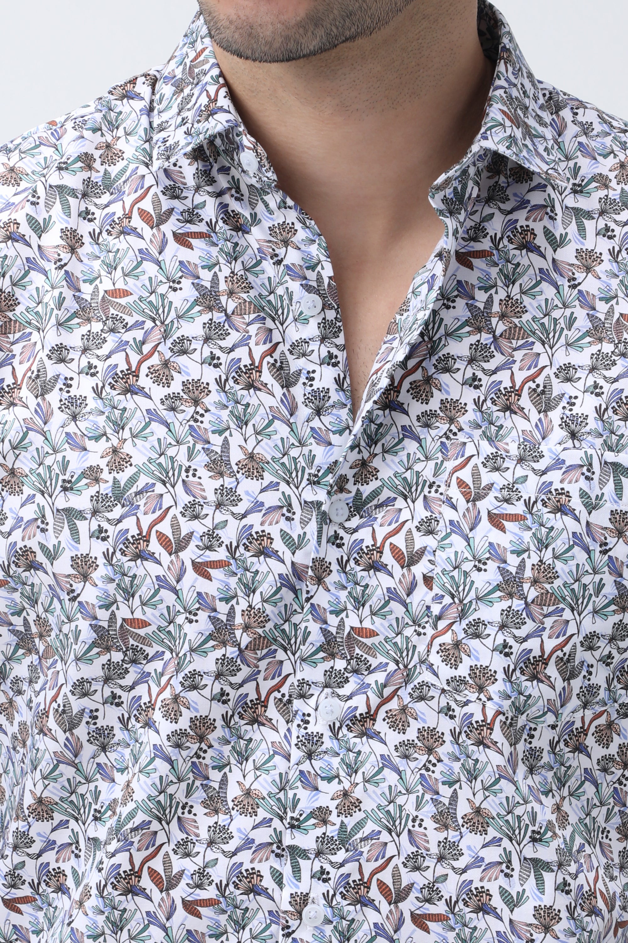 Floral Printed Twill Slim Fit Full Sleeved Shirt - White