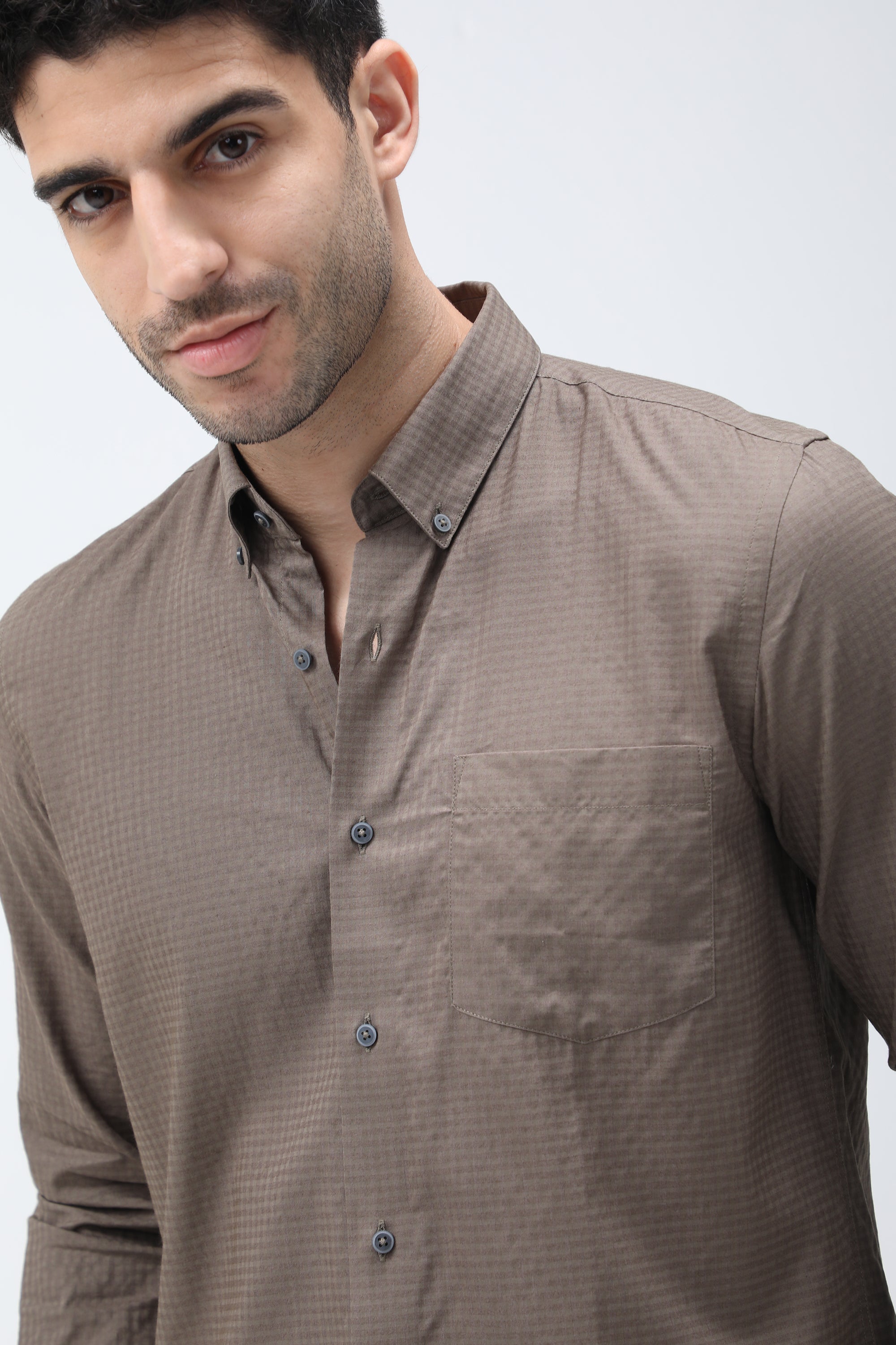 T the brand Checkered Dobby Slim Fit Full Sleeved Cotton Shirt - Brown