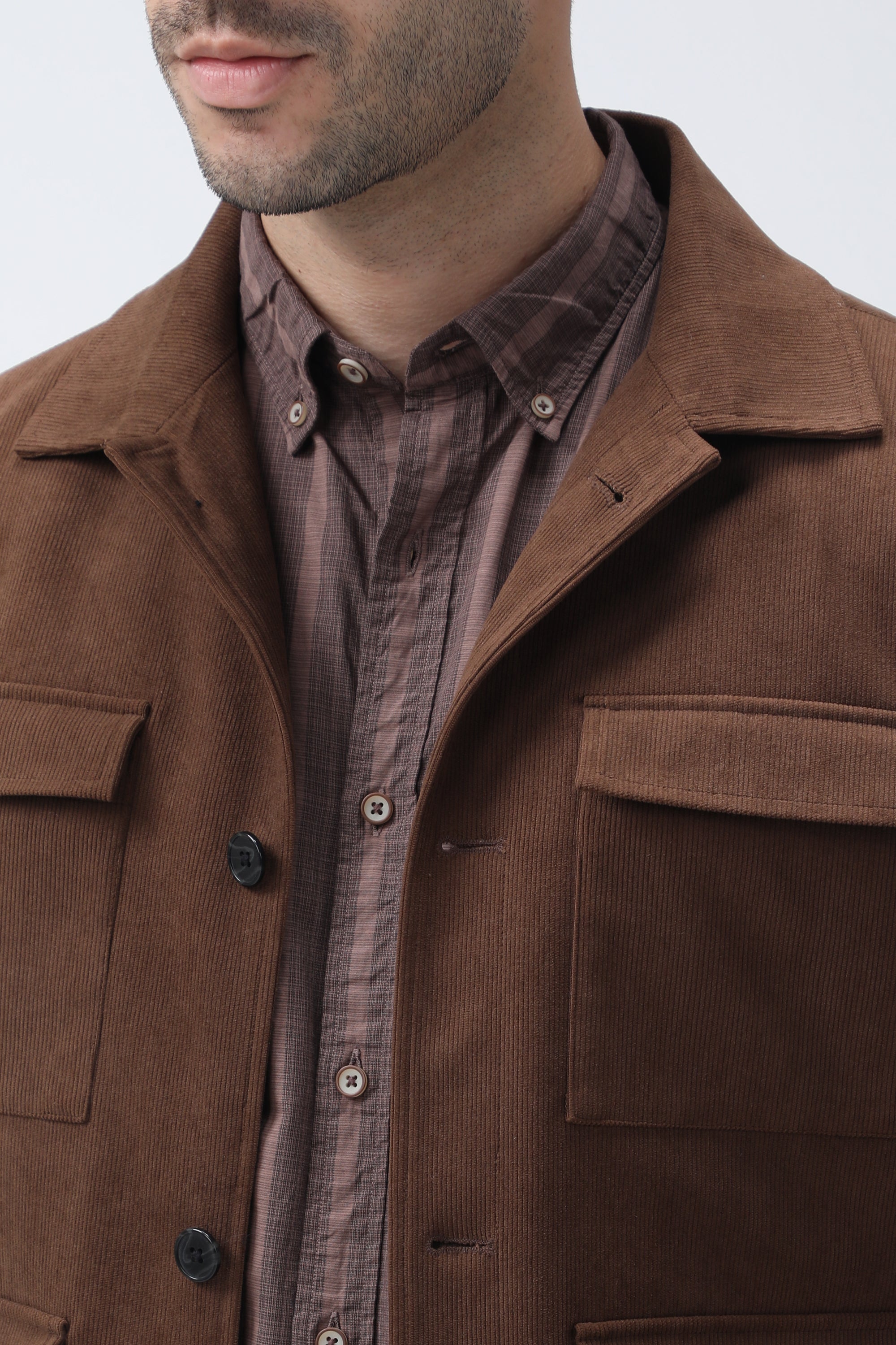 Bare Brown Corduroy Overshirt with Pockets - Brown