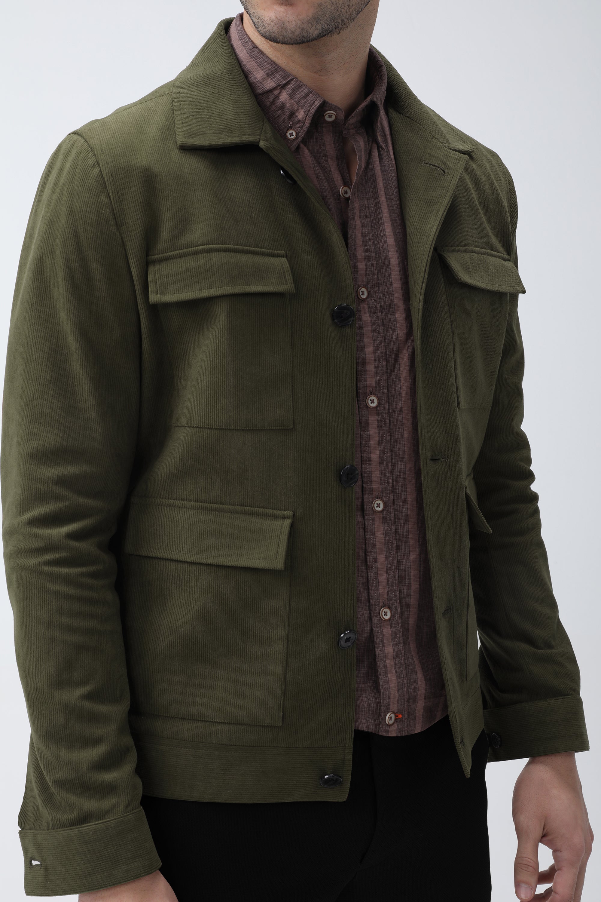 Bare Brown Corduroy Overshirt with Pockets - Olive green