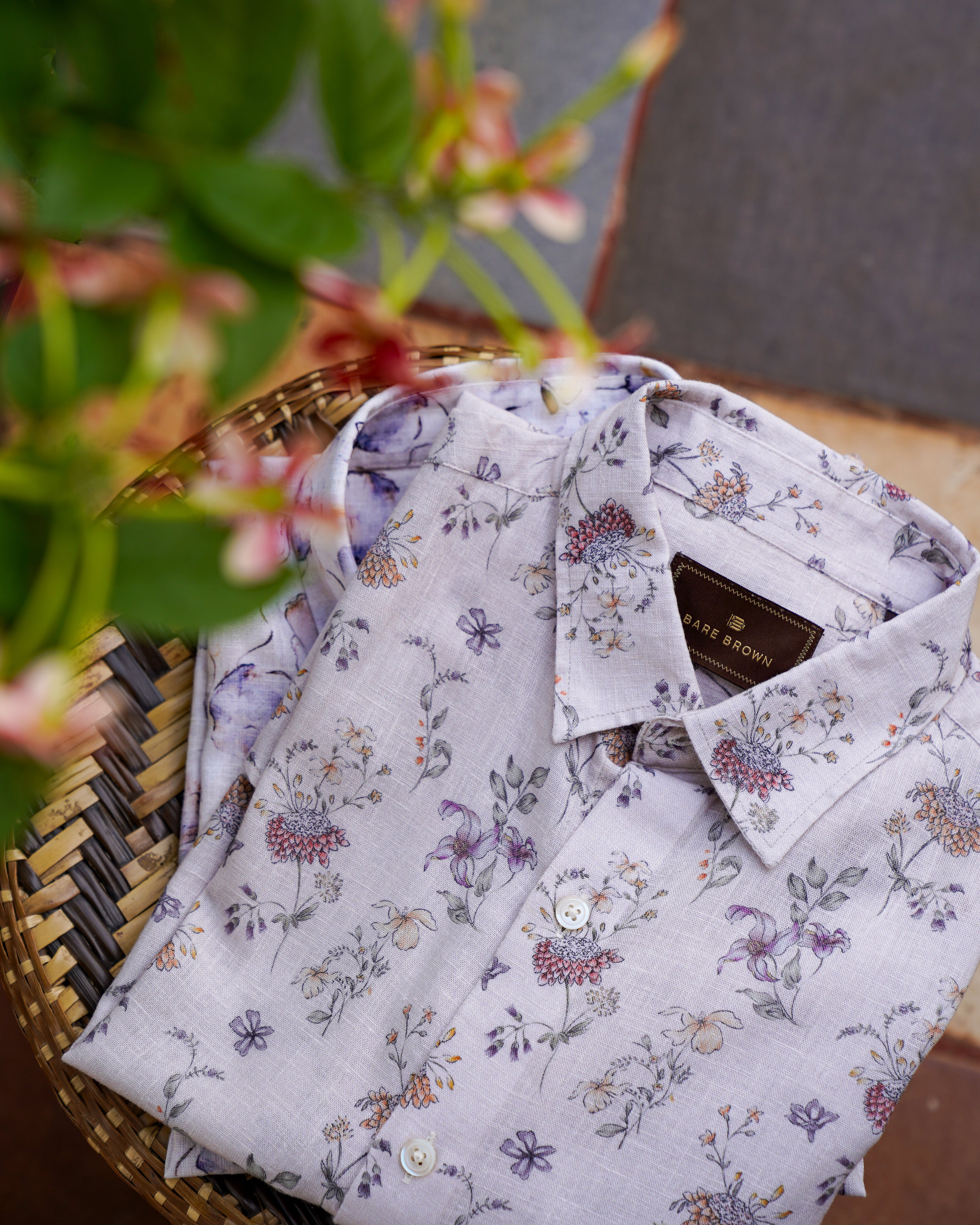 Bare Brown Floral Printed Linen Half Sleeve Shirt - Beige