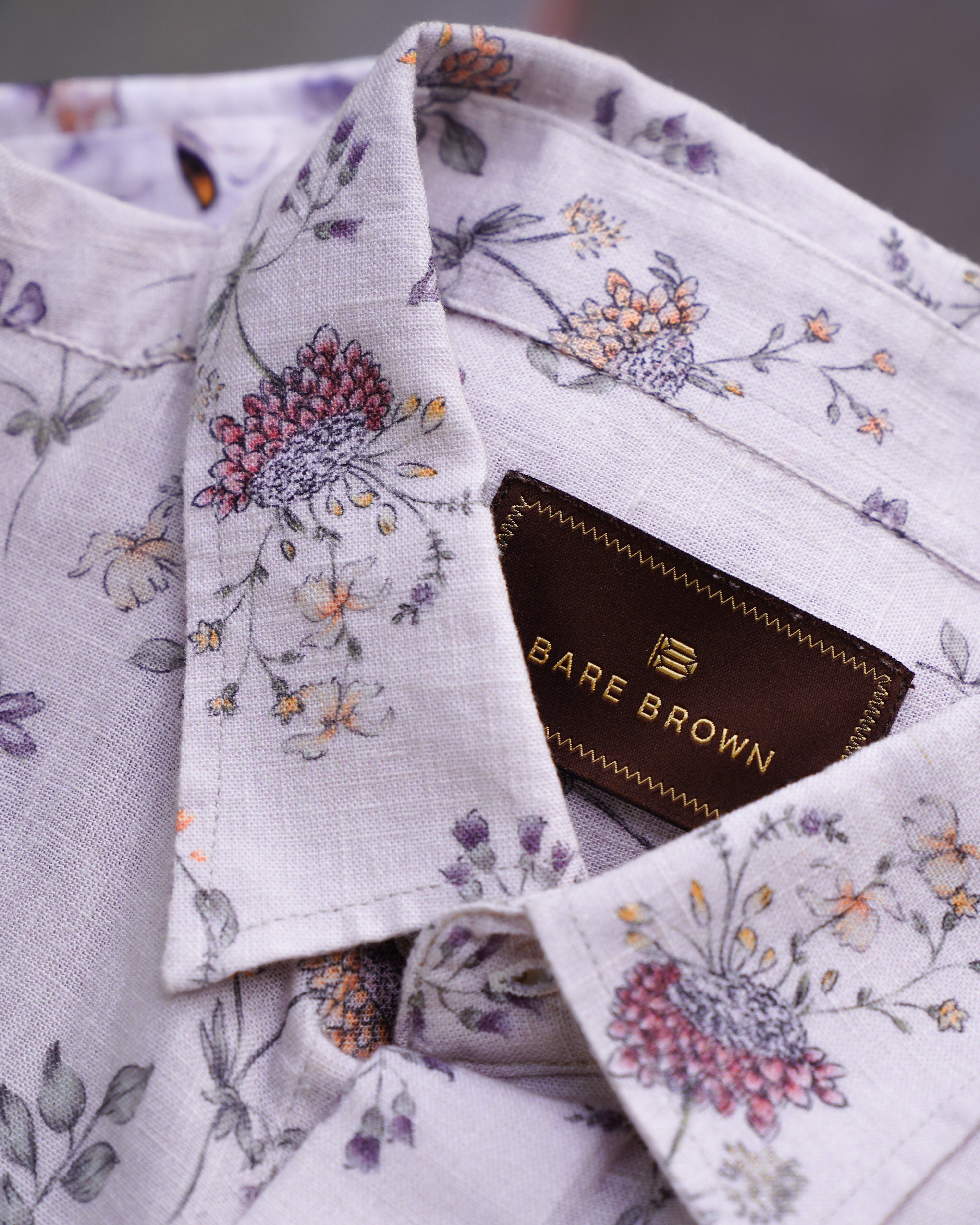 Bare Brown Floral Printed Linen Half Sleeve Shirt - Beige