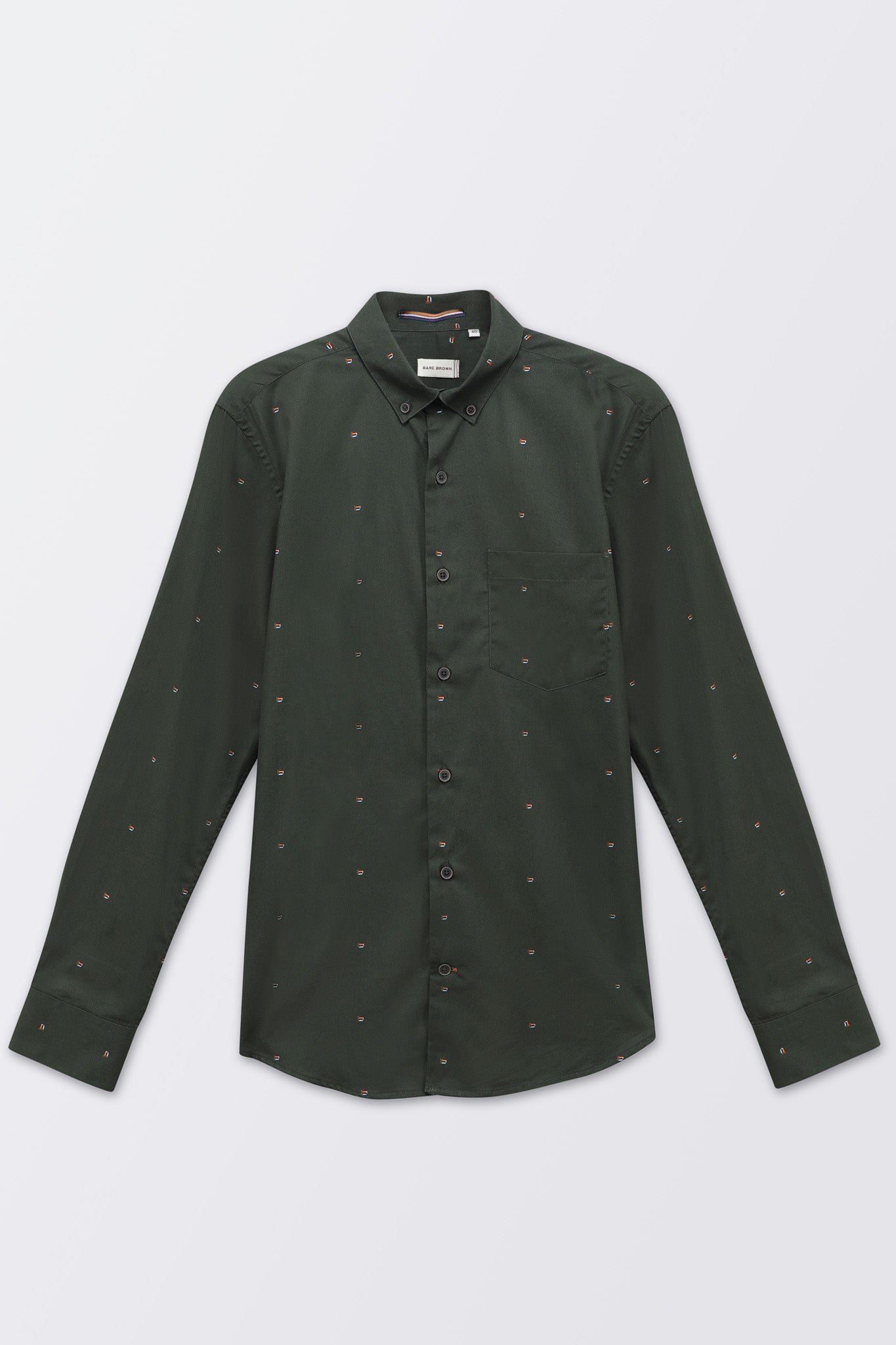 Bare Brown Printed Cotton Slim Fit Shirt with Full Sleeves - Olive Green