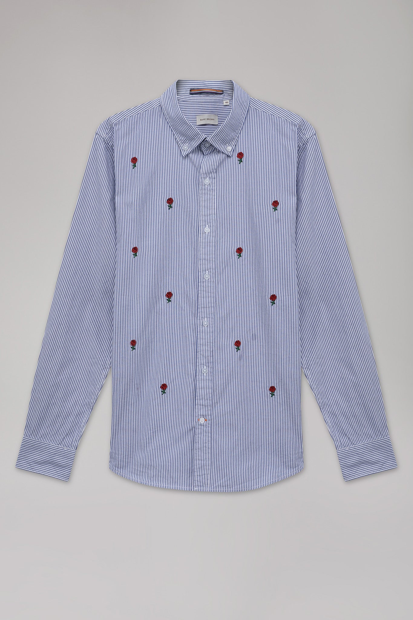 Bare Brown Striped Cotton Shirt with flower embroidery - Light Blue