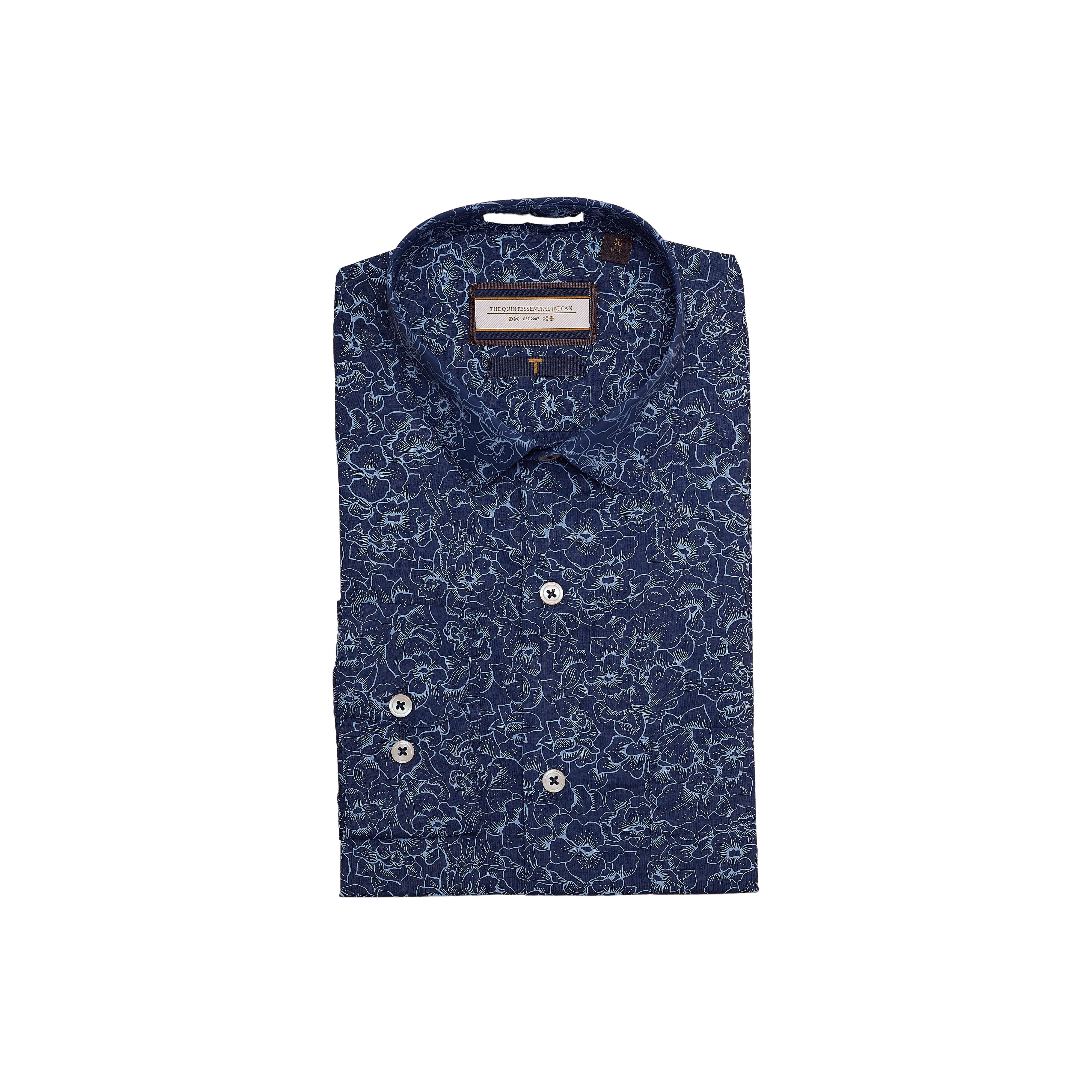 Superfine Cotton, Blue Floral Printed Full-sleeved shirt