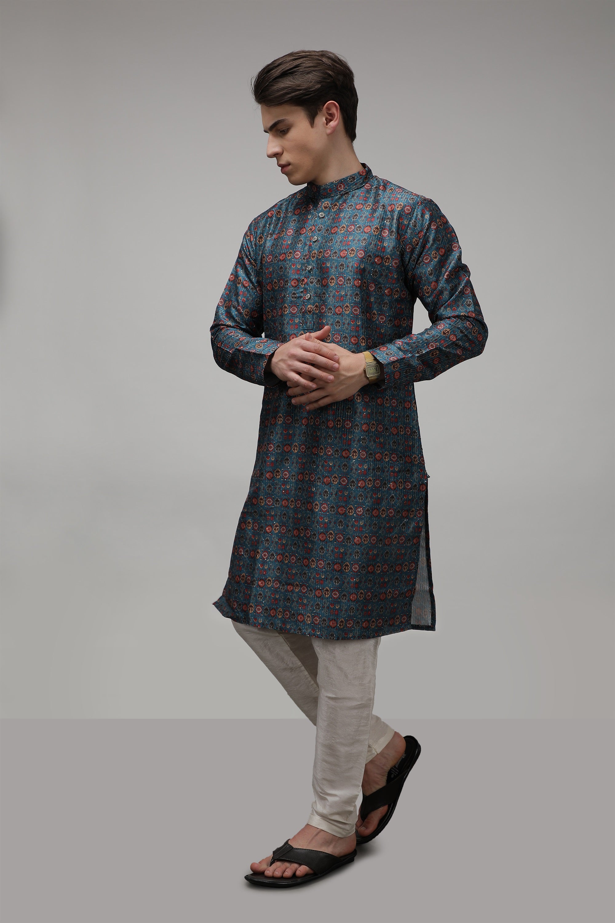 Thread Embroidered Printed Long Standard Fit Ethnic Kurta - Teal