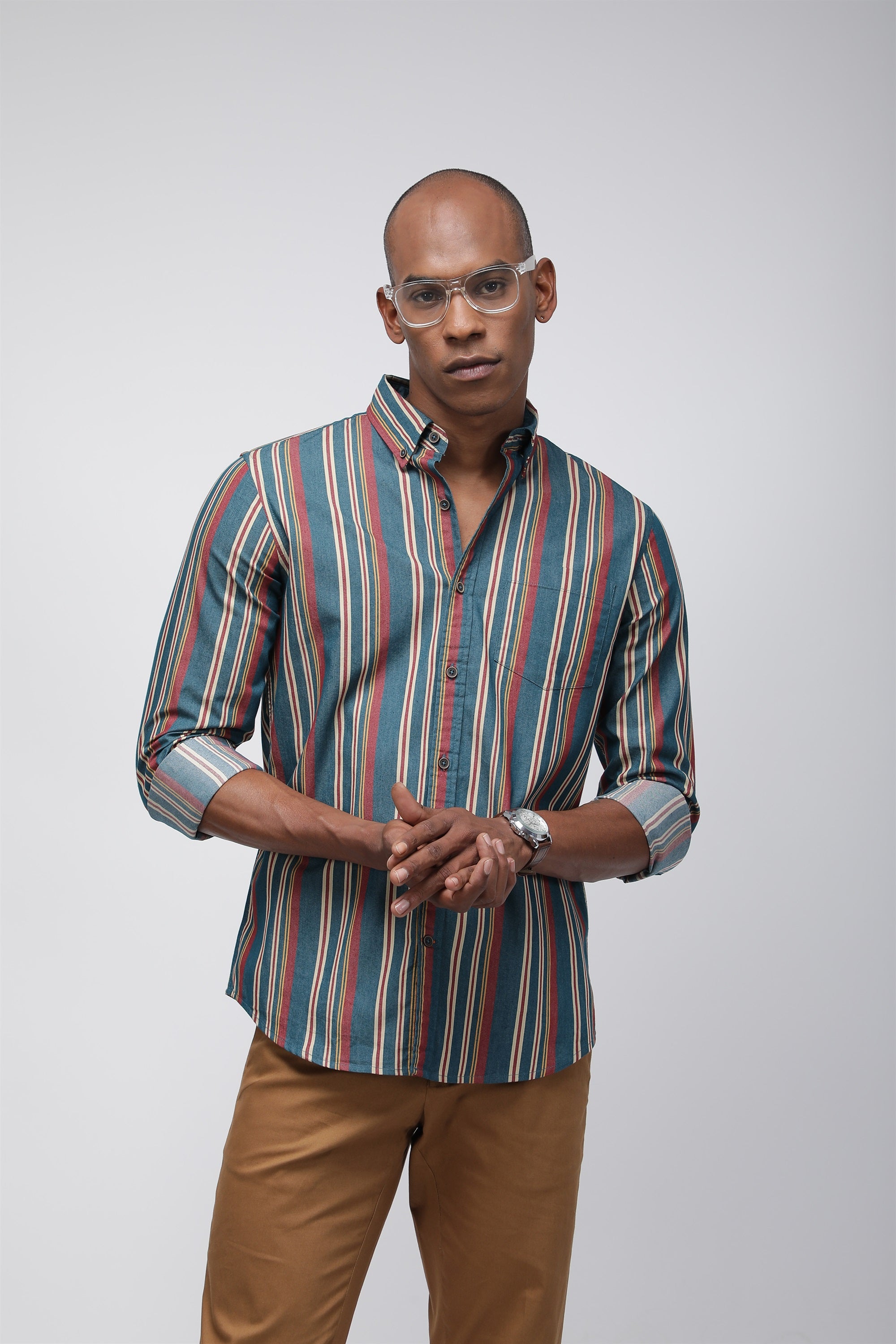 Bare Brown Striped Cotton Spandex Shirt, Slim Fit with Full Sleeves - Green