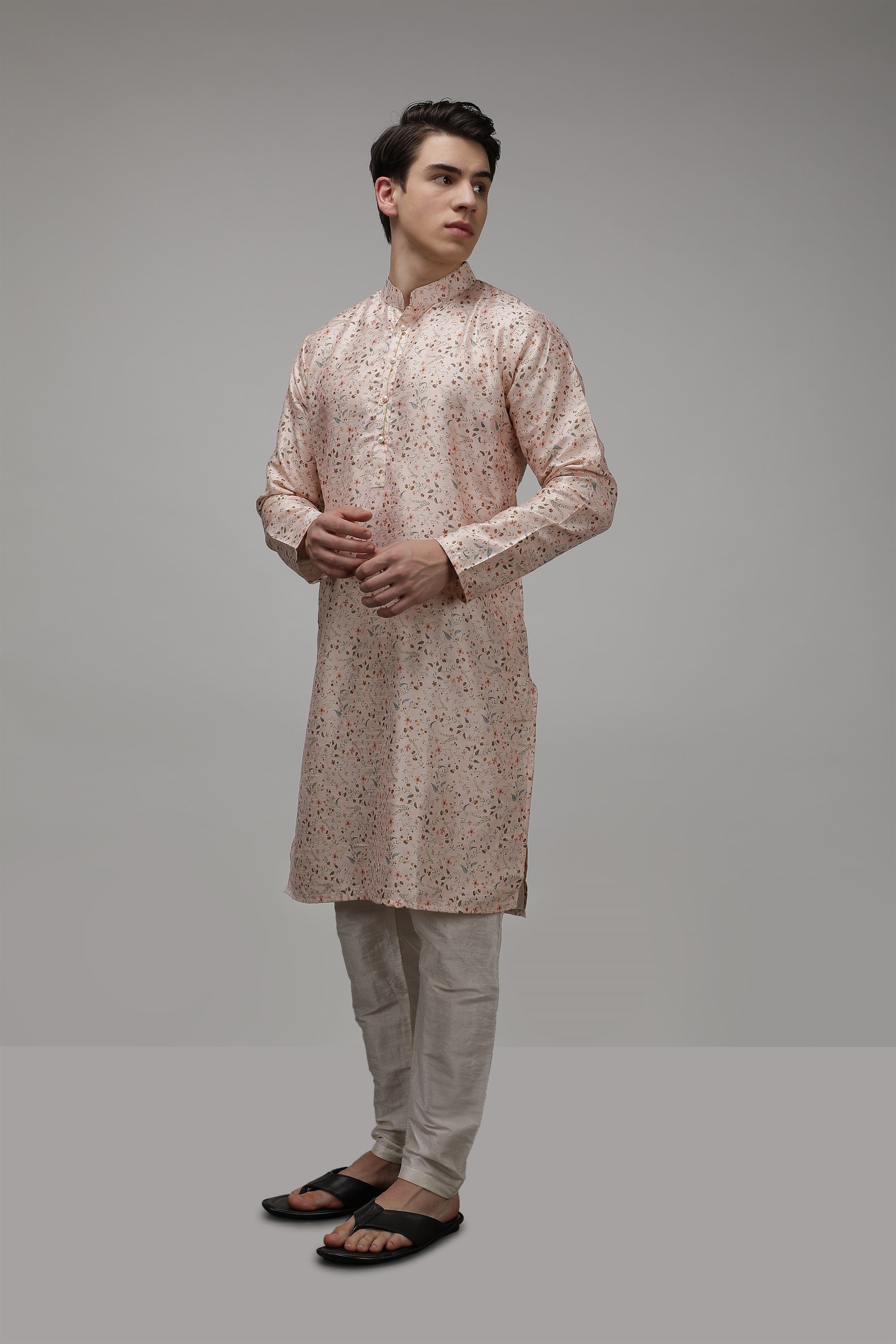 Floral Printed Standard Fit Ethnic Long Kurta with Embellished Button - Beige