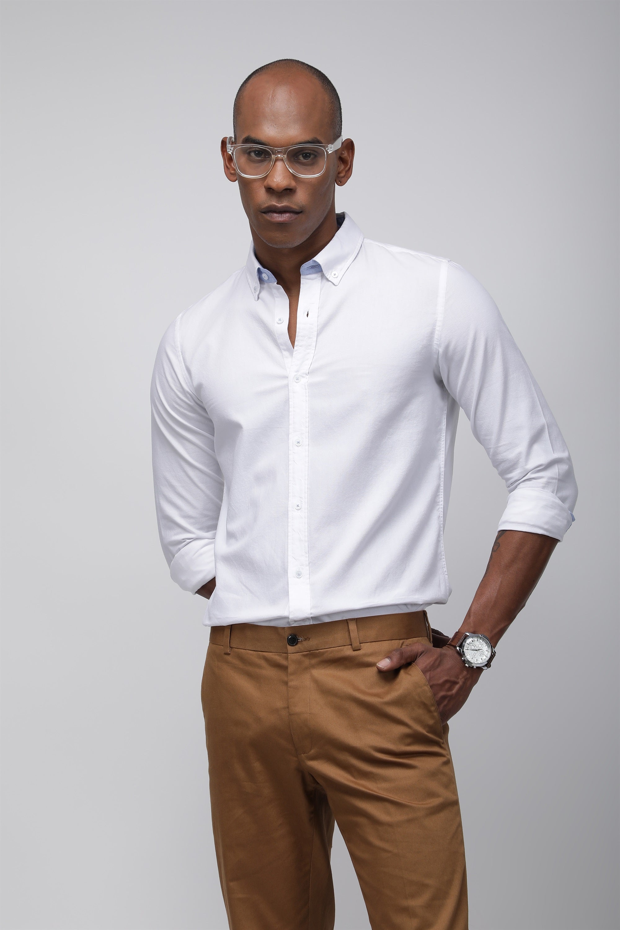 Bare Brown Solid Cotton Oxford Shirt, Slim Fit with Full Sleeves - White