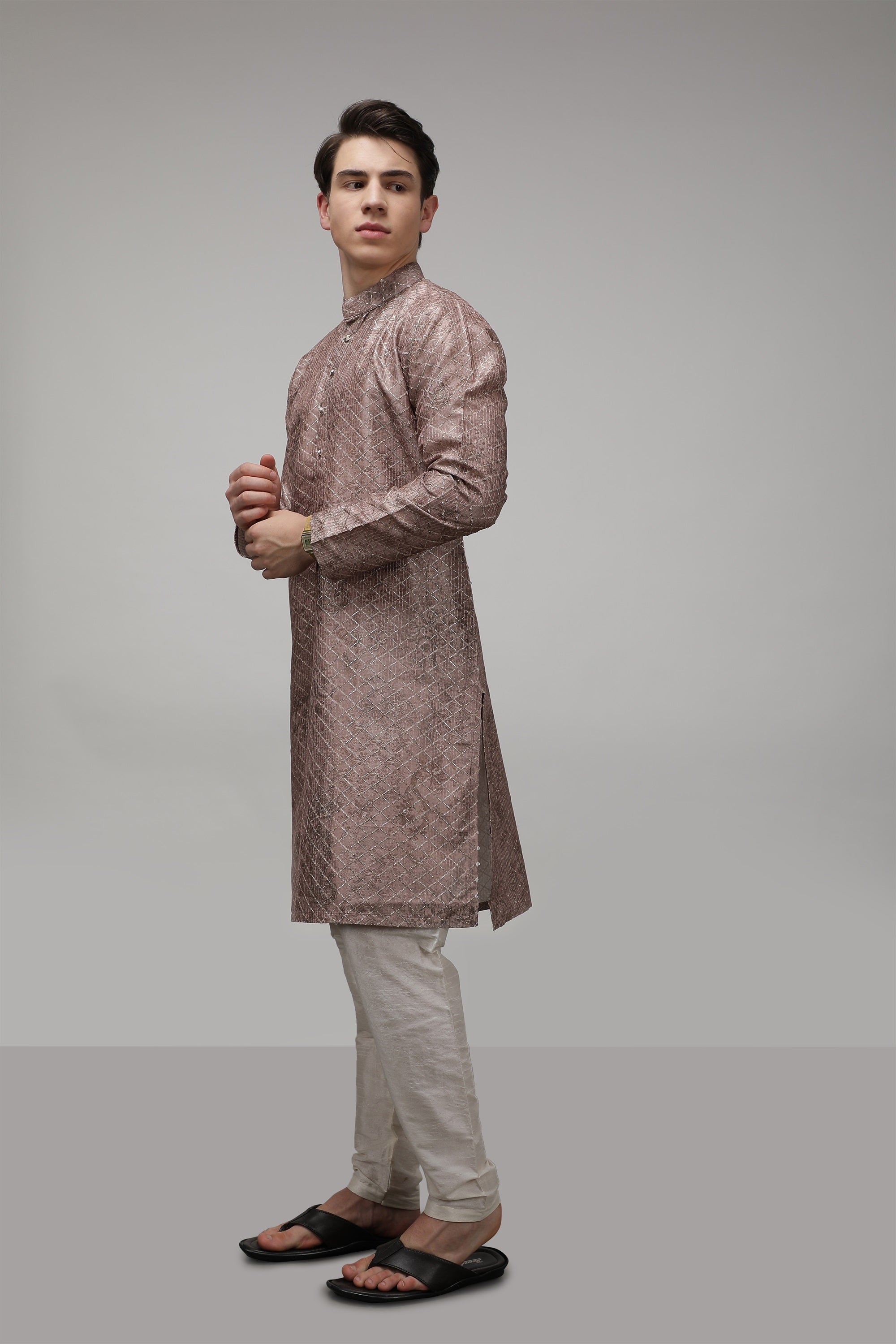 Silver Embroidered Long Standard Fit Ethnic Kurta - Brown