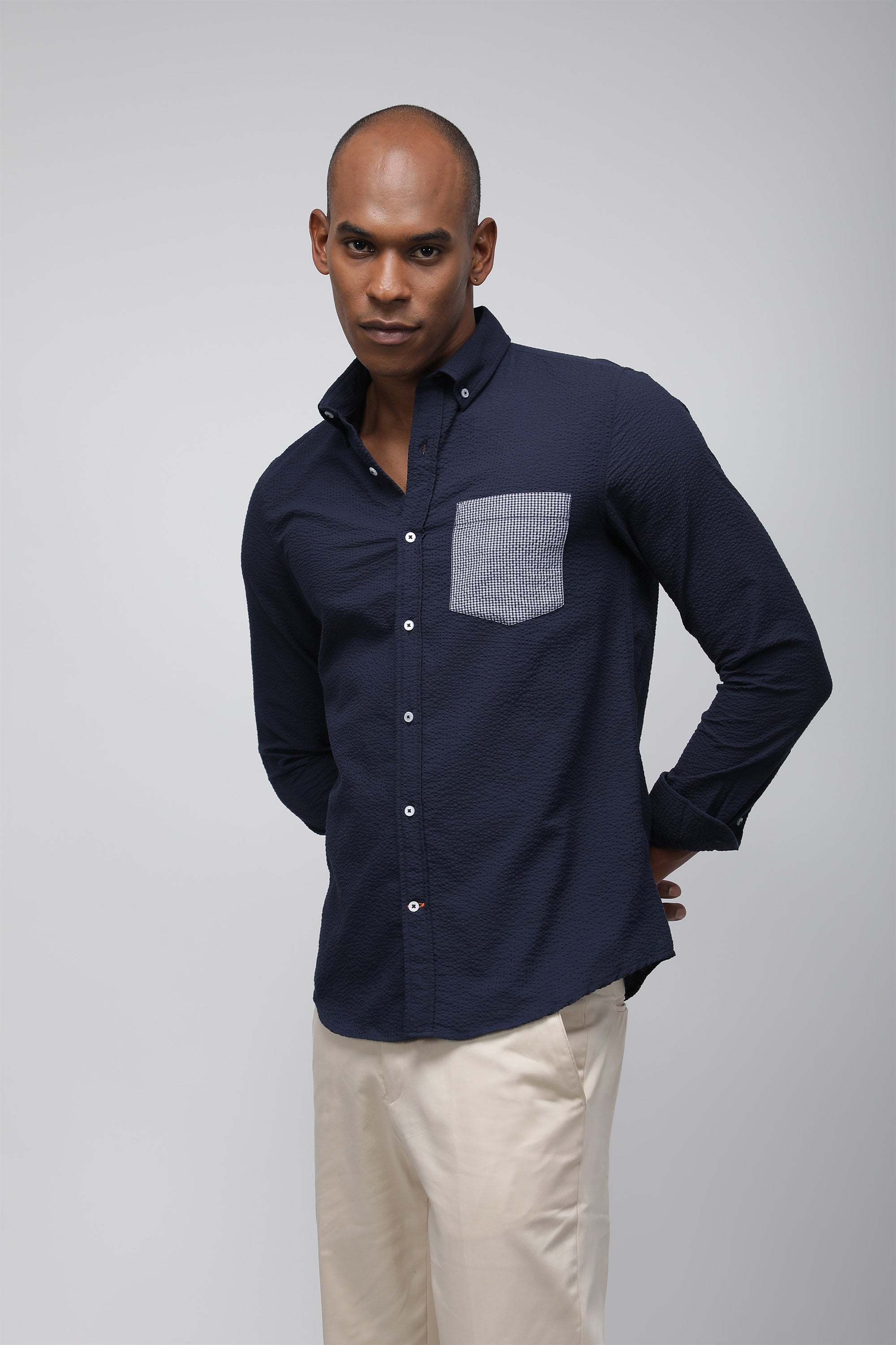 Bare Brown Seersucker Cotton Shirt, Slim Fit with Full Sleeves - Navy